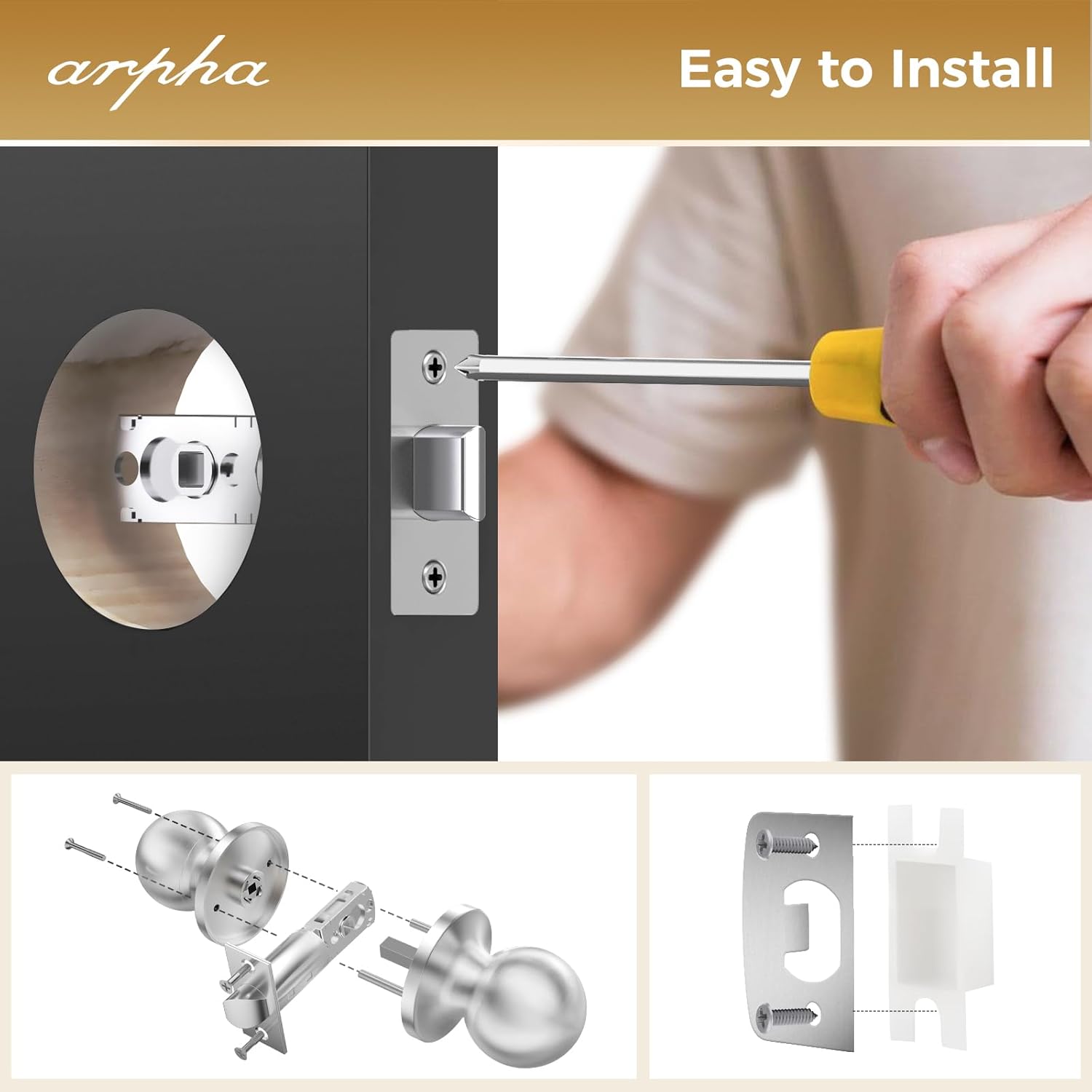 Entry Door Knob - Non Lock Door Knobs - Interior Door Knob for Bedroom or Bathroom, Interior Door Lock - Easy to Install Black, Left and Right Doors Compatible, Stainless Steel(No Keys)