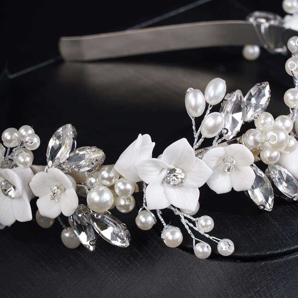 JWICOS Blumen-Braut-Stirnband, silberfarbenes Diadem für Braut, Kopfschmuck für Hochzeit, Haarschmuck für Braut, Abschlussball, Fotografie