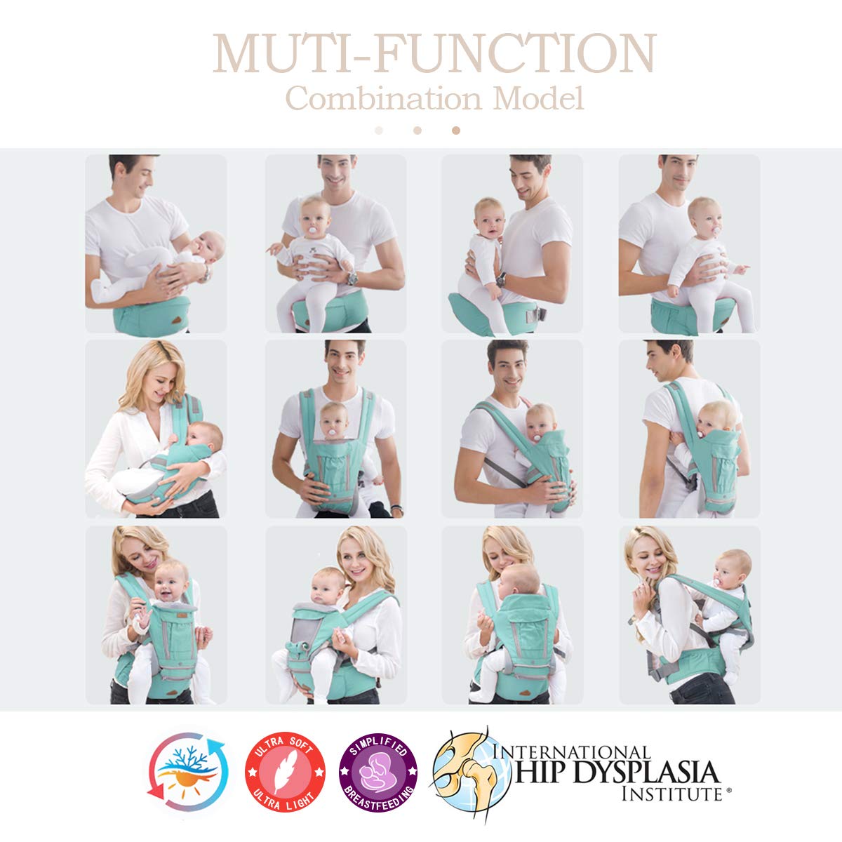 SONARIN 3 in 1 Multifunktion Hipseat Baby Carrier, Babytrage, Vorder und Rückseite,100% Baumwolle,Ergonomisch,Freie Größe(Rot)
