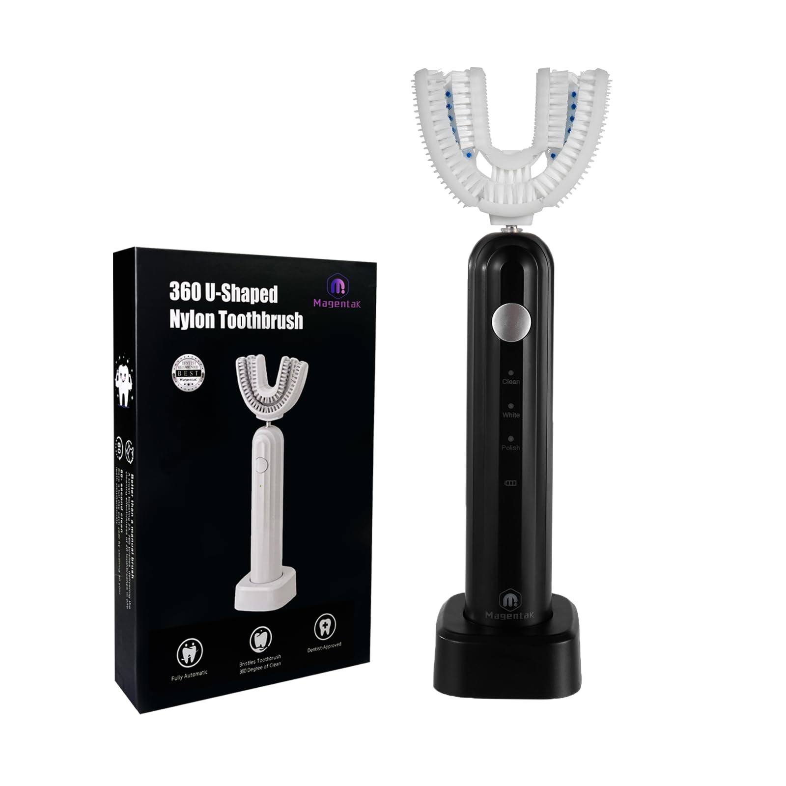 Spazzolino da denti a forma di U ad ultrasuoni per adulti, spazzolino elettrico per pulizia a 360 gradi con ricarica wireless, impermeabile IPX7, 3 modalità per sbiancamento dei denti (bianco
