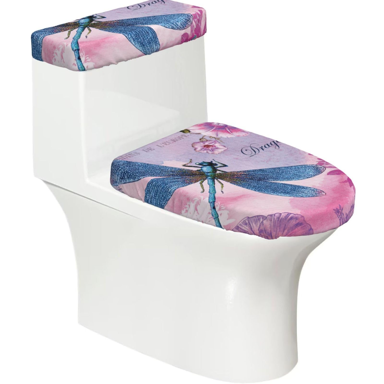 Pink Flower And Blue Dragonfly Print Bathroom Decor Toilet Lid Cover And Tank Covers, Restroom Accessories Fits Most Round