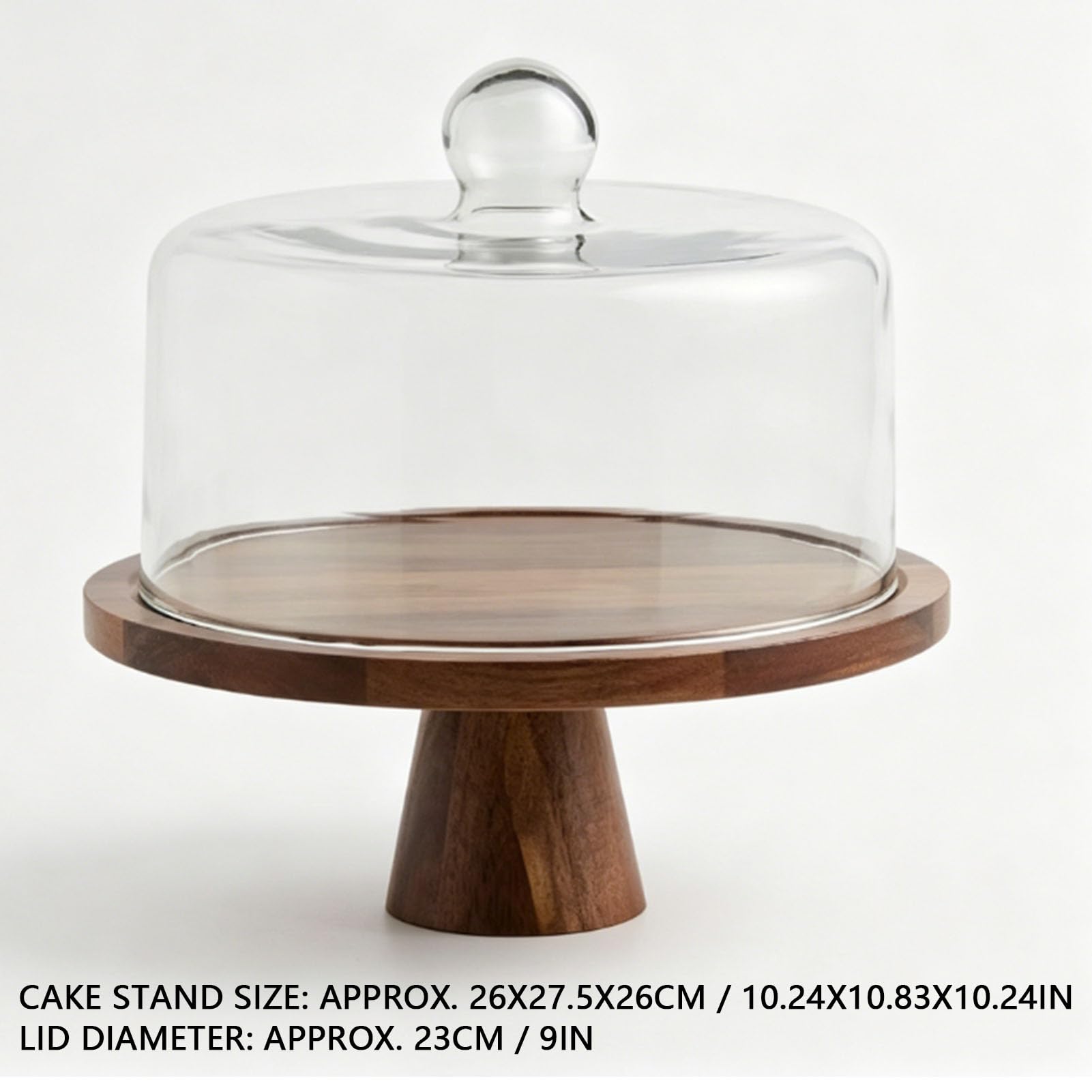 Aramox Alzata per Torte in Legno, Espositore per Dessert con Cupola in Vetro, Base in Legno 26 X 27,5 X 26 Cm con Coperchio da 23 Cm, Vetrina per Torte e Pasticceria per Compleanni, Matrimoni,