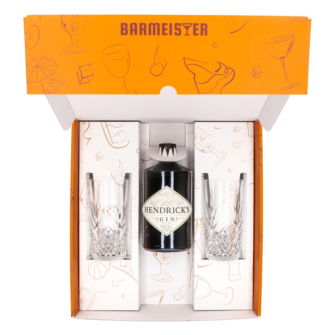 Sipply Geschenkset 3-teilig mit 2 Longdrinkgläser Relief und 1 Flasche Hendricks Gin 0,7l 44,0% Vol. | mit Geschenkverpackung: Orange | Geschenk für Frauen Männer Papa Freundin zu Weihnachten Ostern