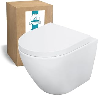 Calmwaters® Wand WC spülrandlos Weiß, mit WC-Sitz, Raumspar WC: 45 cm Ausladung, mit Absenkautomatik, Tiefspüler, Hänge WC, Wandmontage, Sanitärkeramik, 08AB6159