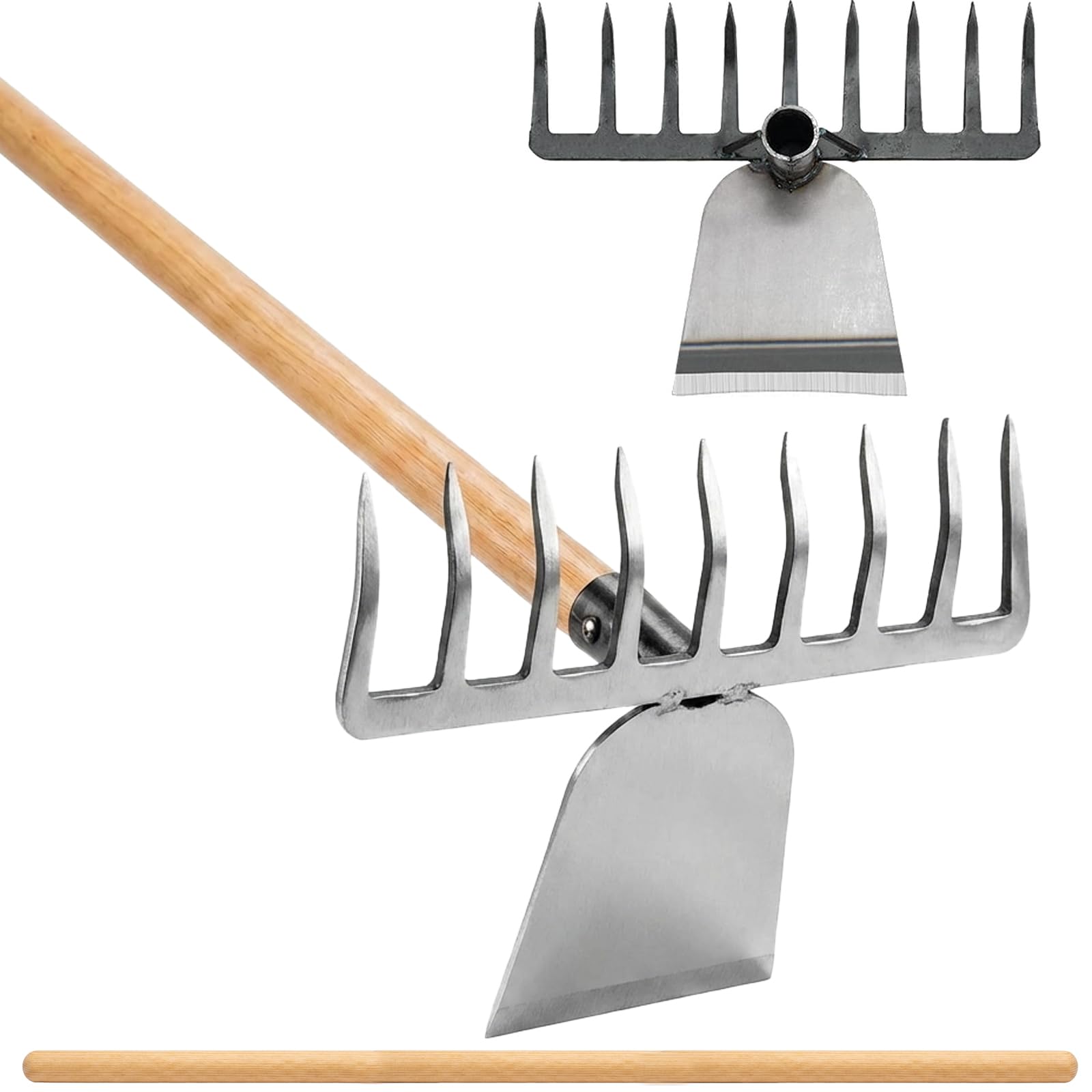 2-in-1 Garden Hoe and 9 Tooth Rake with 120cm Wooden Handle - Heavy Duty Manganese Steel Dual-Headed Cultivator - Professional Hand Tool for Weeding, Digging, and Soil Aeration