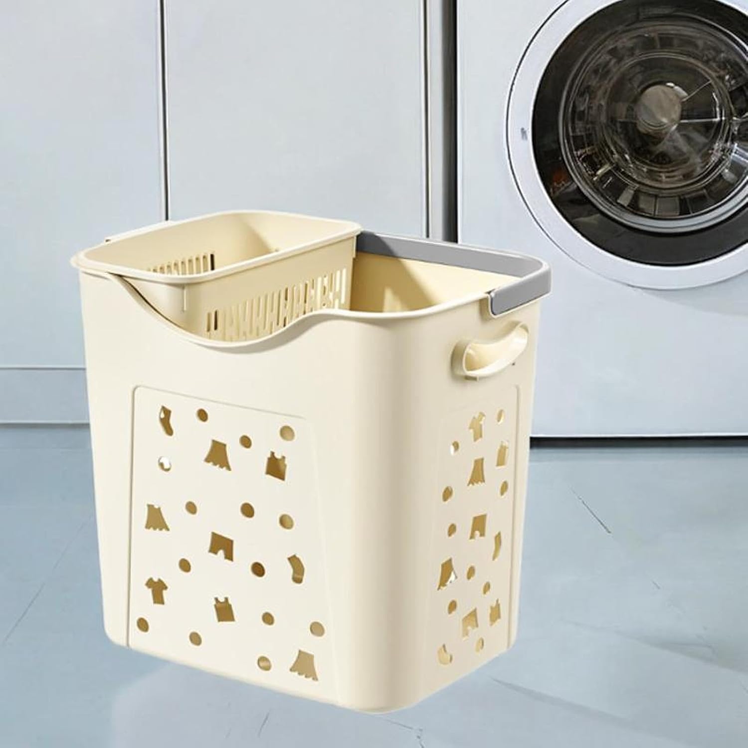 Generic Laundry Basket with Handle & Side Container,Space Saving Hamper,Large Dirty Clothes Storage Basket for Closet, Dorm, Laundry Room, Bedroom,Nestable, Ventilation Hole, 37cmx29cmx35cm, White