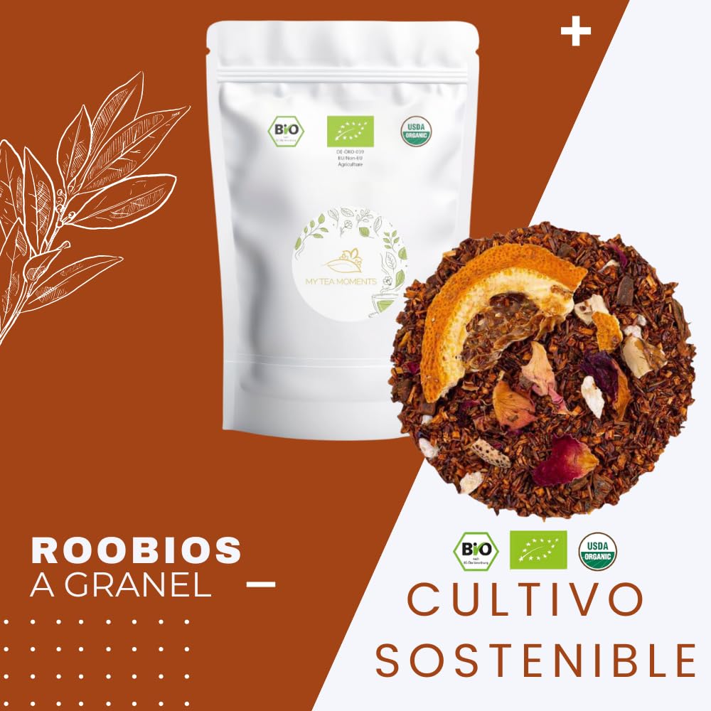 Rooibos de Canela, Naranja y Caramelo a Granel 100 Gramos - Cultivo Sostenible - Ingredientes Naturales: Alcaravea, Almendra, Canela, Caramelo, Cardamomo, Clavo, Jengibre, Naranja, Nuez.