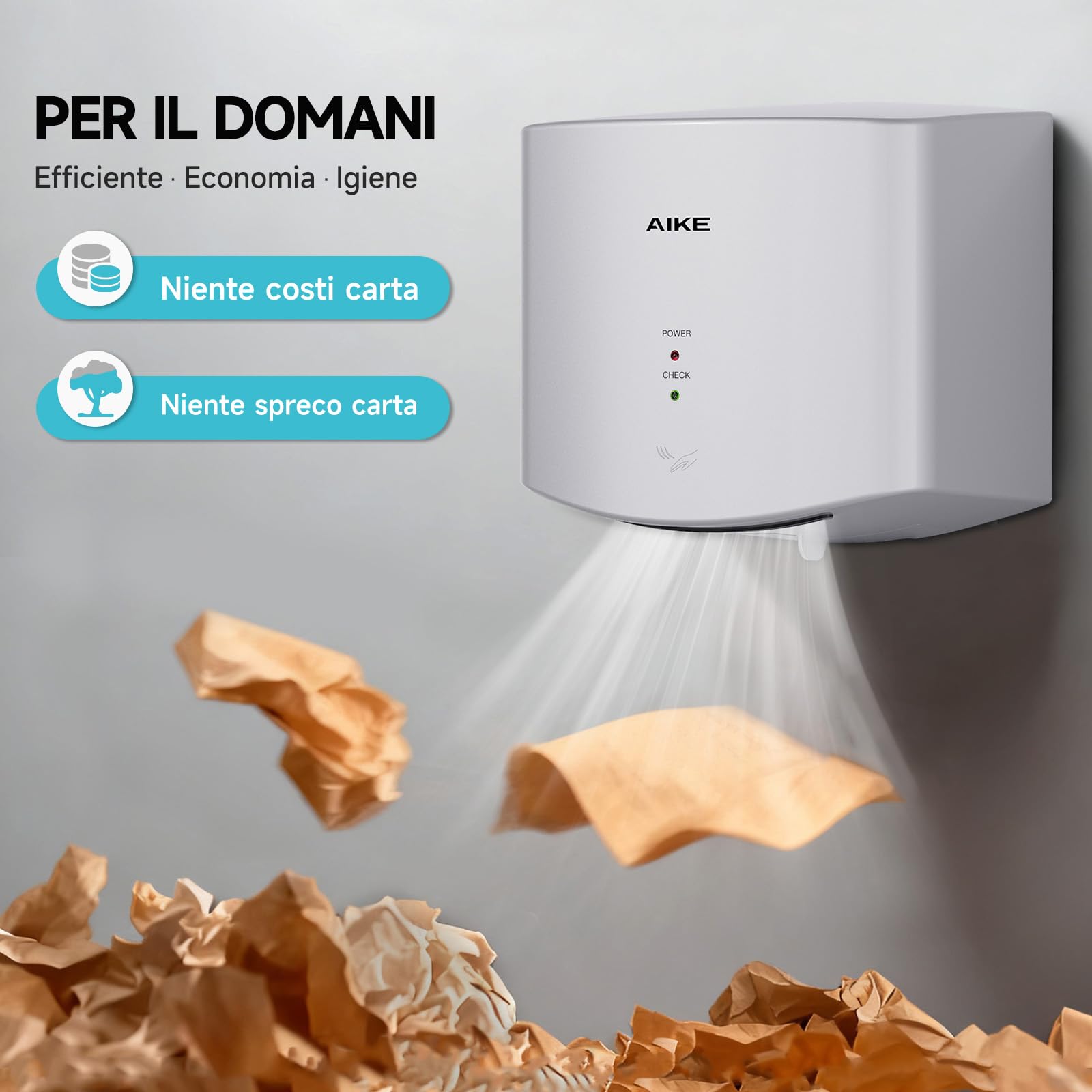 AIKE Air Wiper Asciugamani Compatto, Asciugatura ad Alta velocità, 1400W 220V, Collega e USA, Senza Carta e Senza Contatto per Bagni Pubblici, AK2630S (Argento)