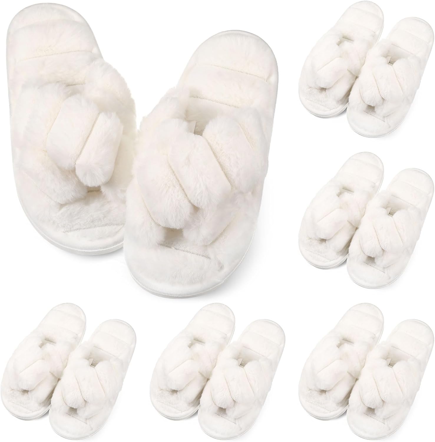 Toulite Bridesmaid Slippers Set of 6 White Fuzzy Slippers for Women Bulk Fluffy Furry Open Toe Soft House Shoes