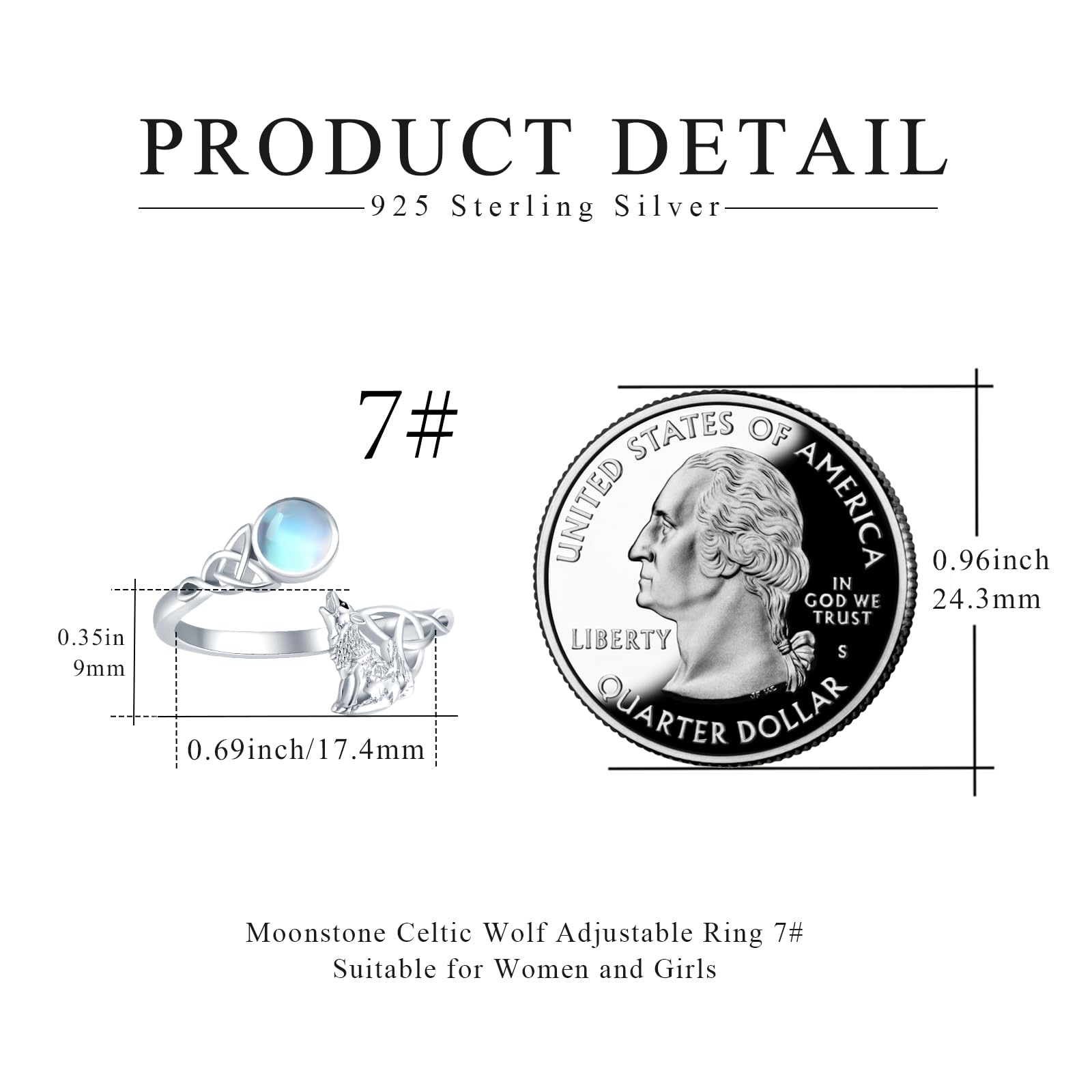 Wolfs 925 Sterling Silber Celtic Knot Mondstein Ring - Verstellbar, Tier-Design - Geschenk für Valentinstag, Schmuck für Damen