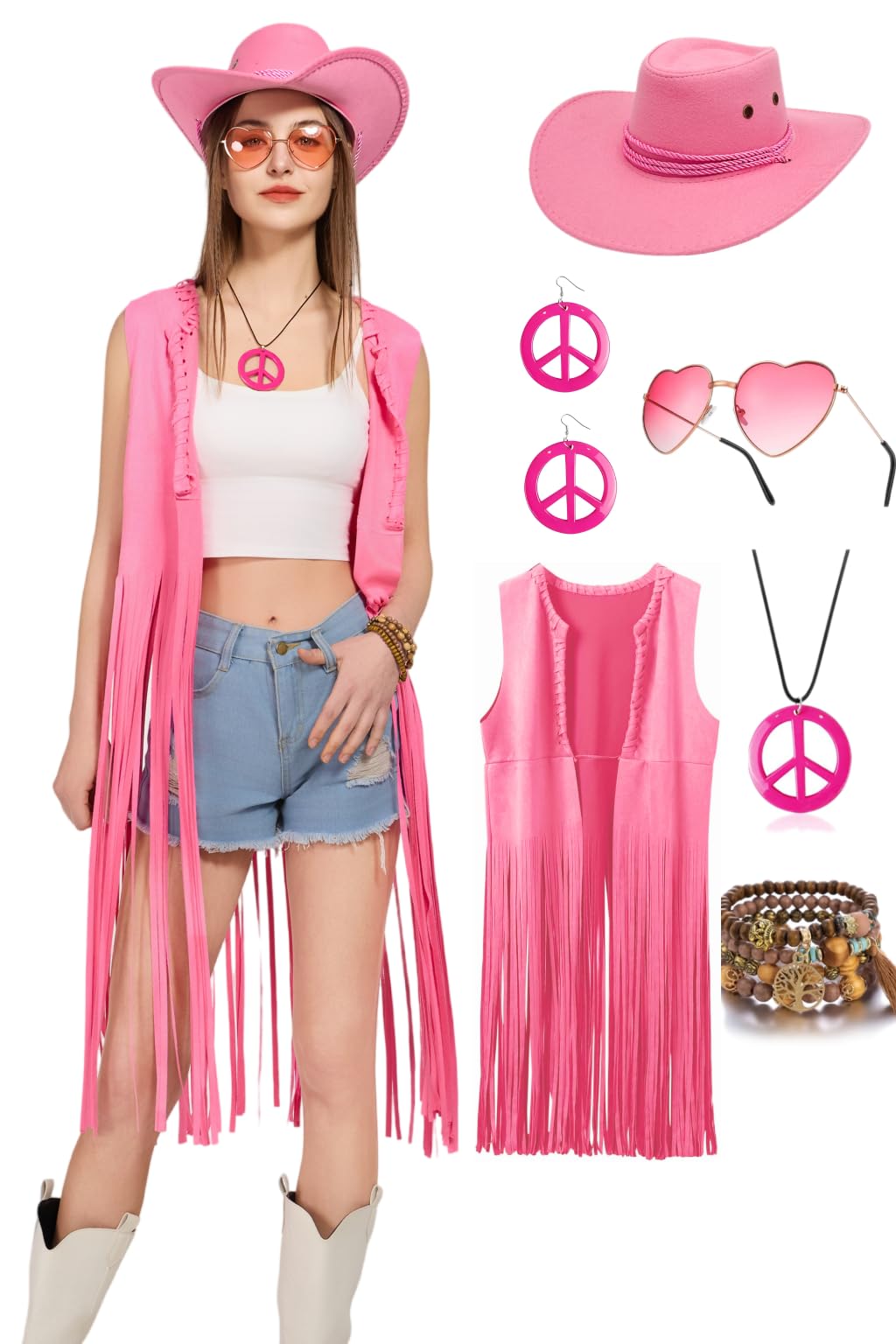 6 PC Cowgirl Western Outfits for Women Retro Cowgirl Costumes Fringe Vest Cow Girl Hat for Women Country 70s Hippie Outits (Pink, M)