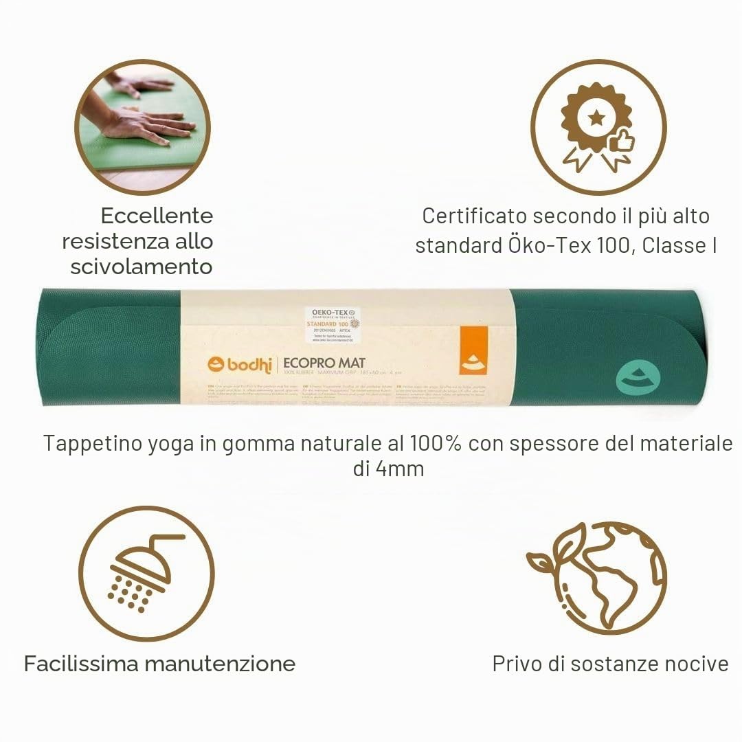 Bodhi Eco Pro - Tappetino da yoga in gomma naturale estremamente antiscivolo, naturale ed ecologico, tappetino professionale per yoga e pilates, ideale per yoga dinamico, 185 x 60 x 0,4 cm