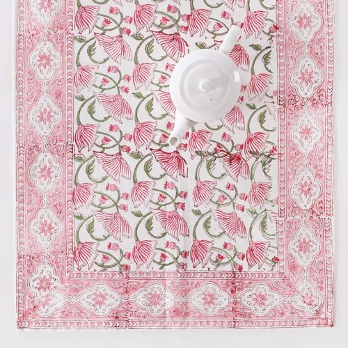 Image of Ravaiyaa - Attitude is everything Cotton Hand Block Printed Table Runner Bed Runner Table Bed Decor (White Pink Green Floral)