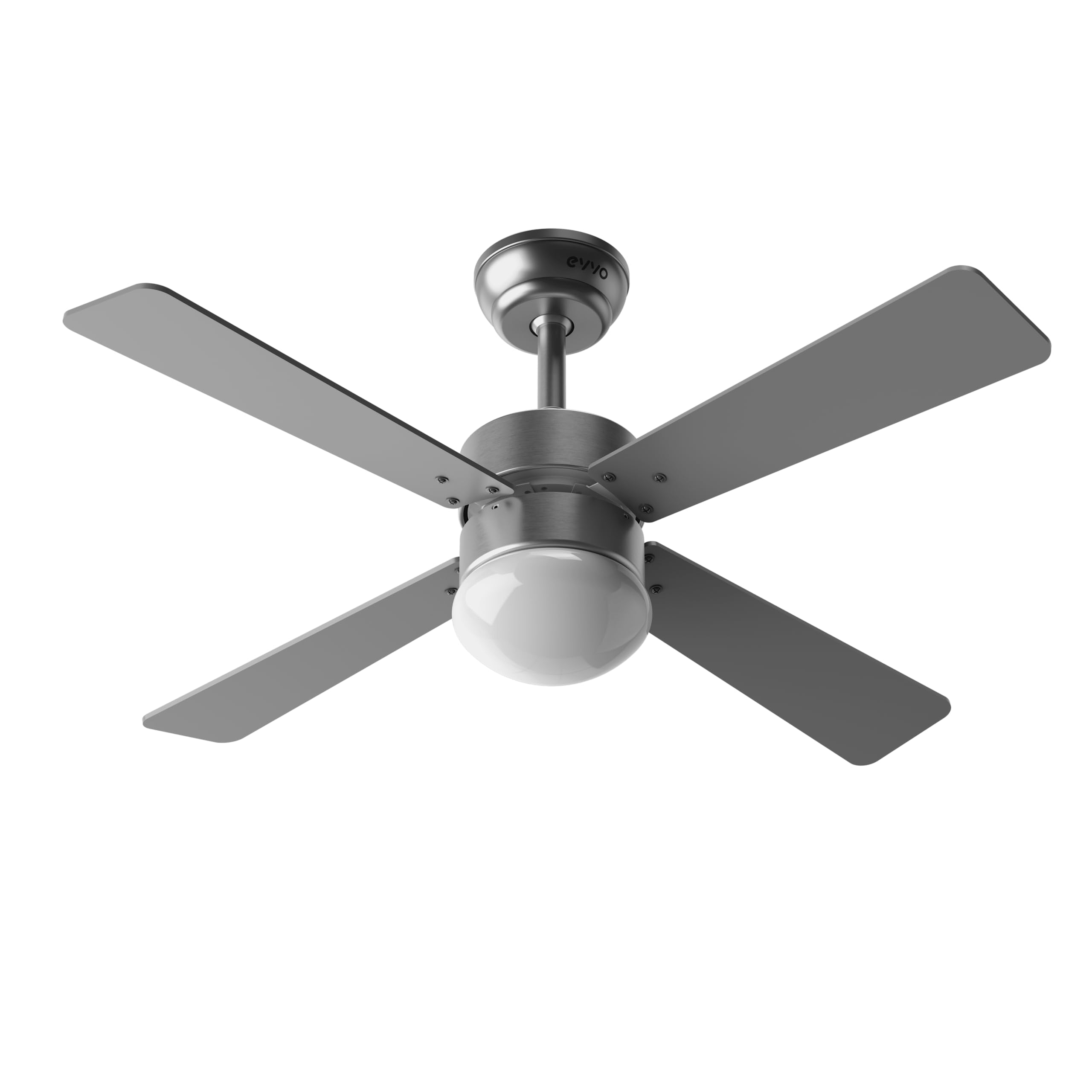 EVVO Ventilador de Techo con Luz, Silencioso, Ø106cm, 4 Aspas, Motor DC 56W, 3 Velocidades (Modelo: V415 Acabado Metal)