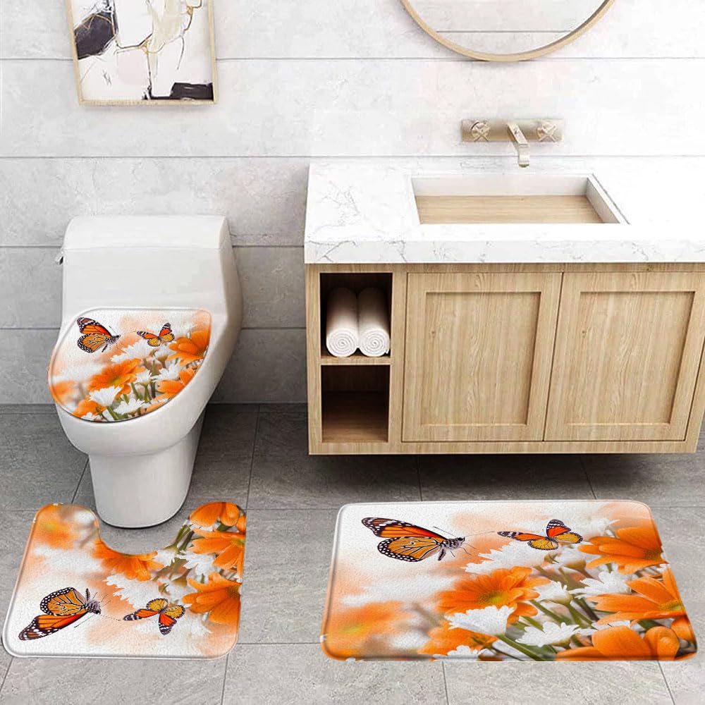 VPUPCN Orange Floral 3 Pcs Bath Rugs Set,Dreamy Flower Butterfly Plant Romantic Spring Garden Nature Scenery Bathroom Kitchen Rug with 16