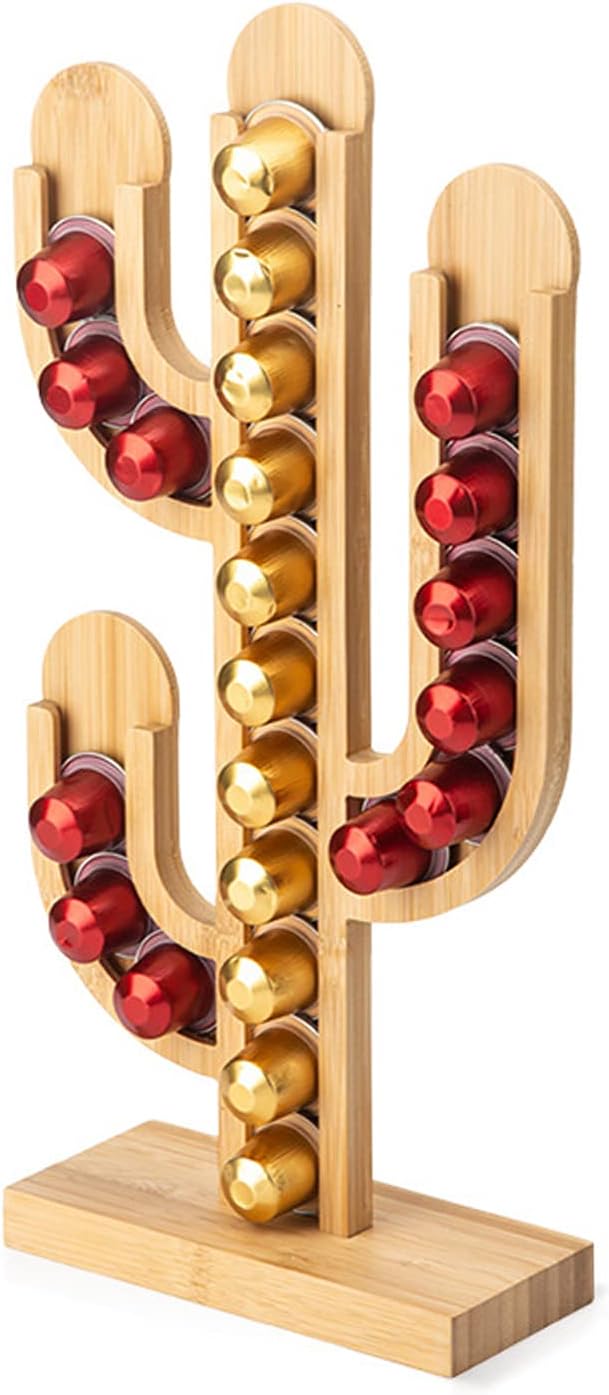 Cactus-Shaped Coffee Pod Holder with Wooden Stand and Bamboo Material