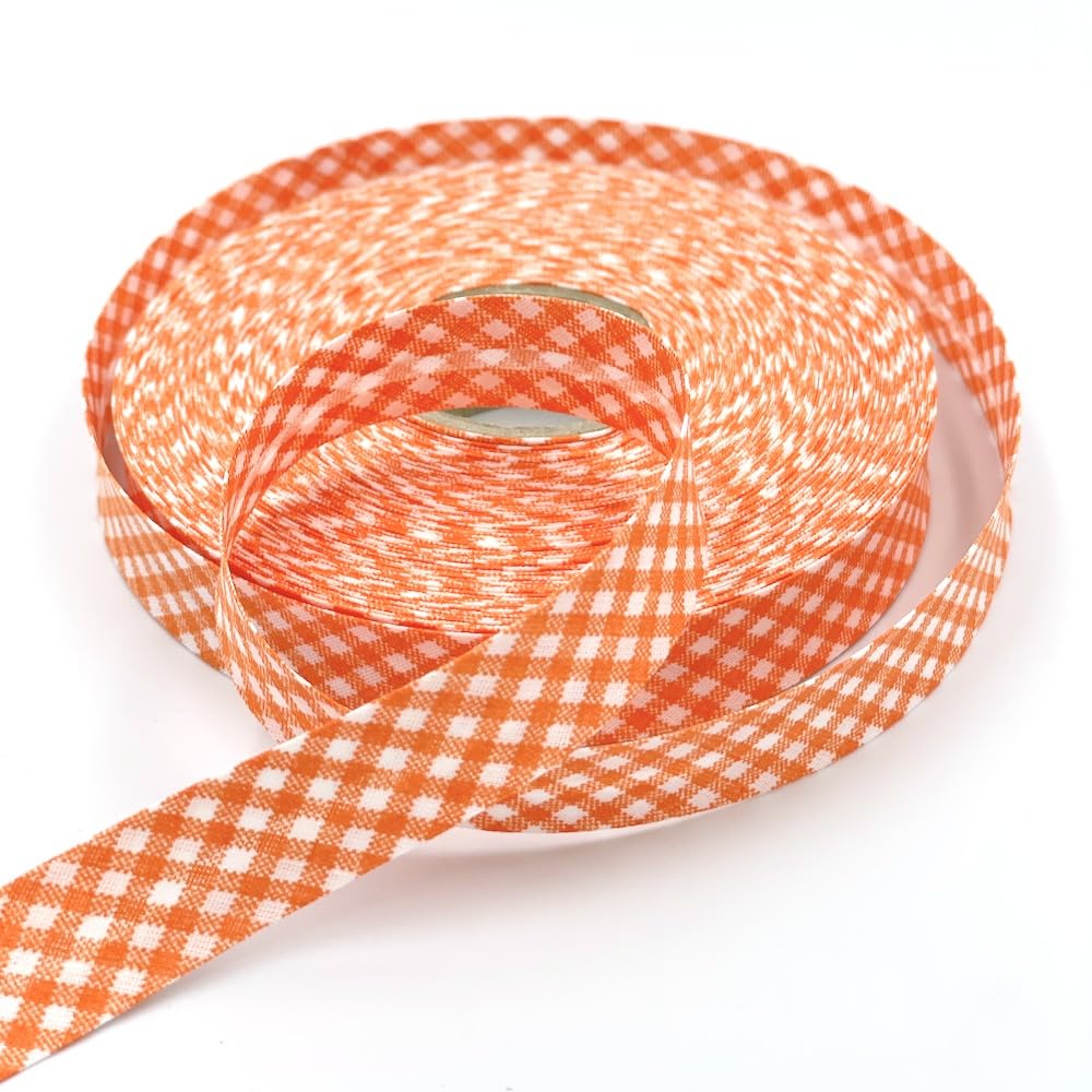 Craft Cult 18mm Wide Gingham Printed Pattern Bias Binding Tape - 25 Metre Roll (82 - Orange)
