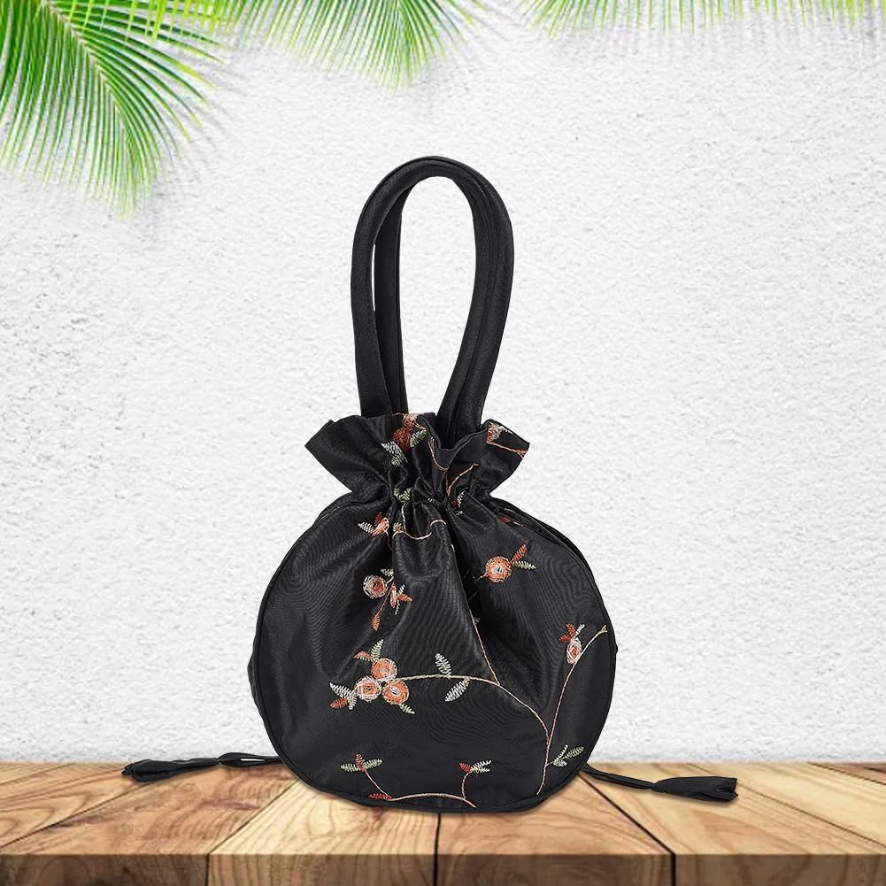 Ethnic Style Flower Handbag Black Embroidered Drawstring Bags Jewellery Gift Bags for Women Makeup Bags Organiser for Cosmetic Utensils Storage Bag Travel Party Cosmetic Bag Purse