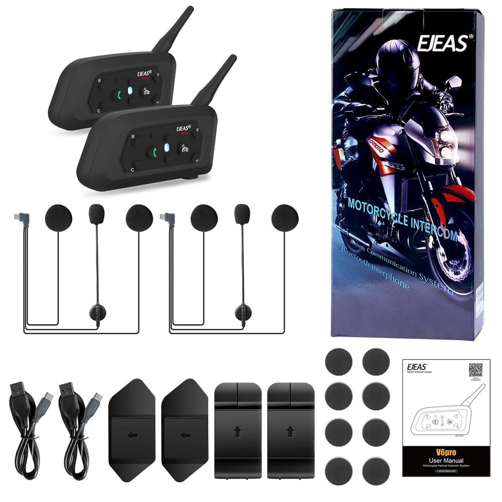 EJEAS V6 Intercom Moto Bluetooth, Main Libre Casque Duo pour 6 Conducteurs Système de Communication Interphone Moto avec Suppression Bruit pour Casque Motocyclette/ATV, USB-C (2 Paquets)