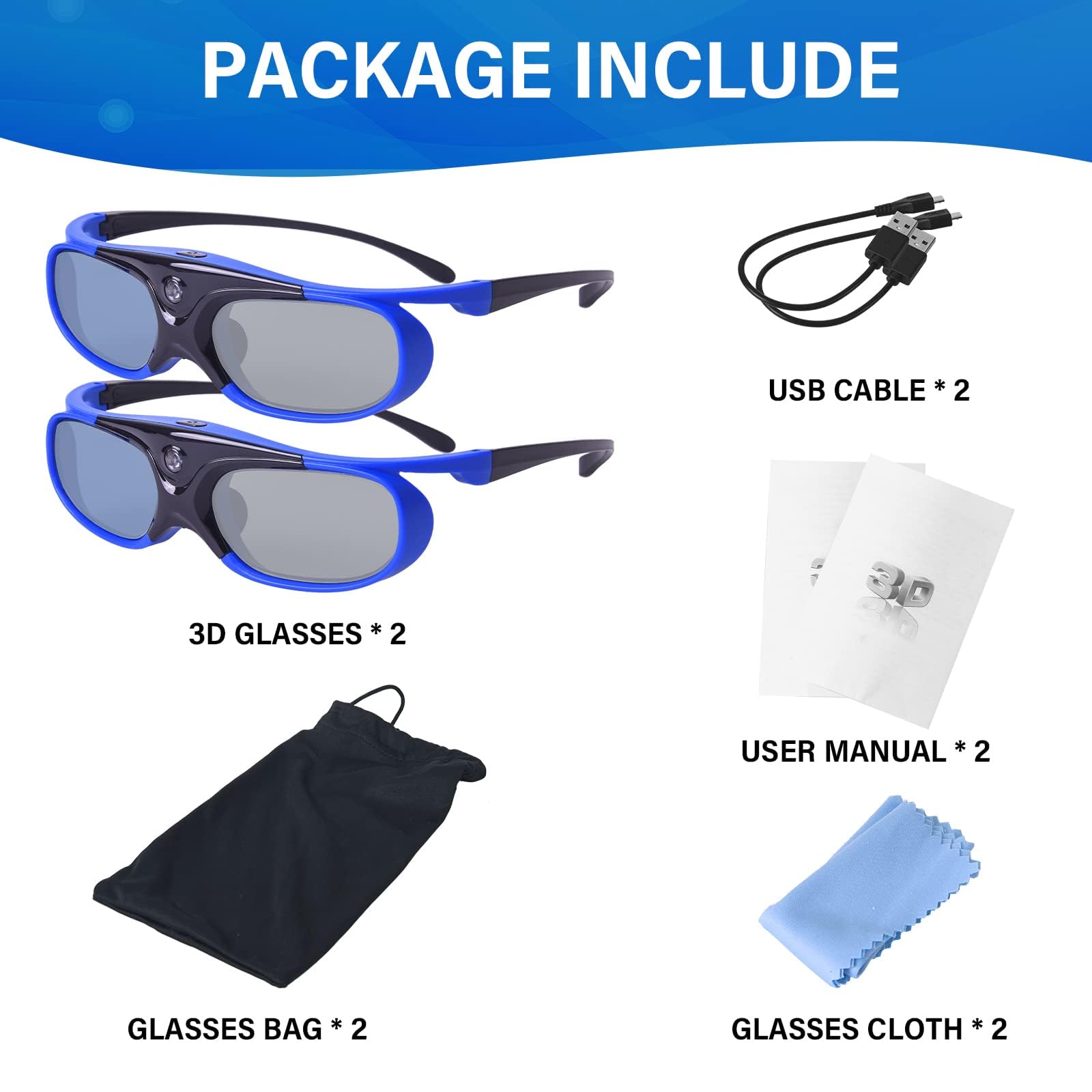 Cocar Occhiali 3D Active Shutter 3D DLP Link ricaricabili per Acer ViewSonic BenQ Optoma, Philips, Panasonic, Vivitek, Dell, JMGO, Cocar Cocar 3D, confezione da 2, colore: blu