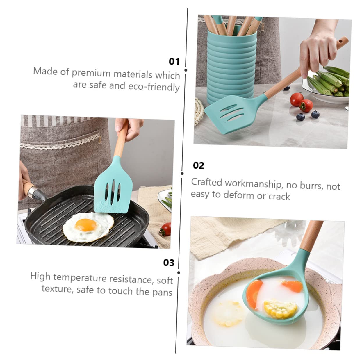 1satz Teiliges Küchenutensilien-Set Holzgriff Hitzebeständig Und Antihaftbeschichtet Für Sicheres Kochen Cyan Inkl Spatel Löffel Und Teigschaber