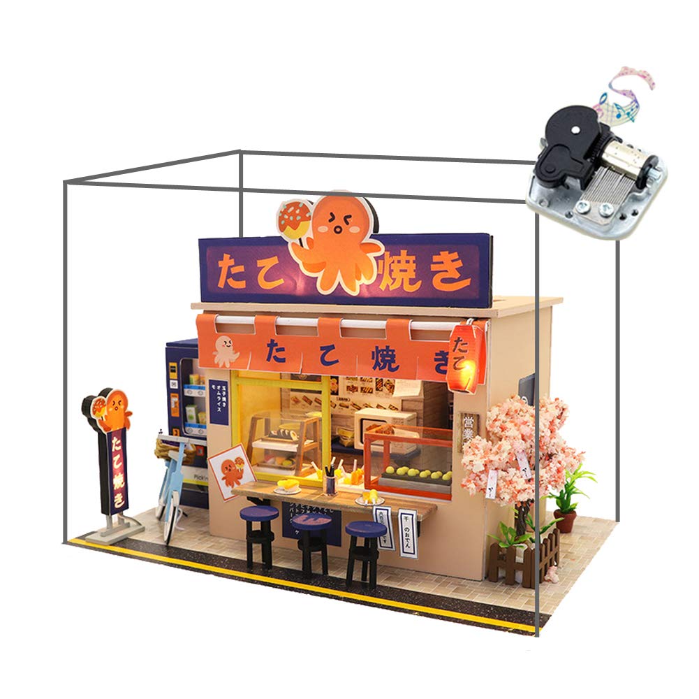 WYDStar Octopus Burning Japanese Style Takoyaki Shop Mini Doll House Kit Assembled LED Light Model Wind and Gift with Dust Cover and Music