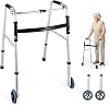 Folding Aluminium Walking Frame with 2 Wheels Lightweight Zimmer Walker Adjustable Height One-Button Fold Mobility Aid