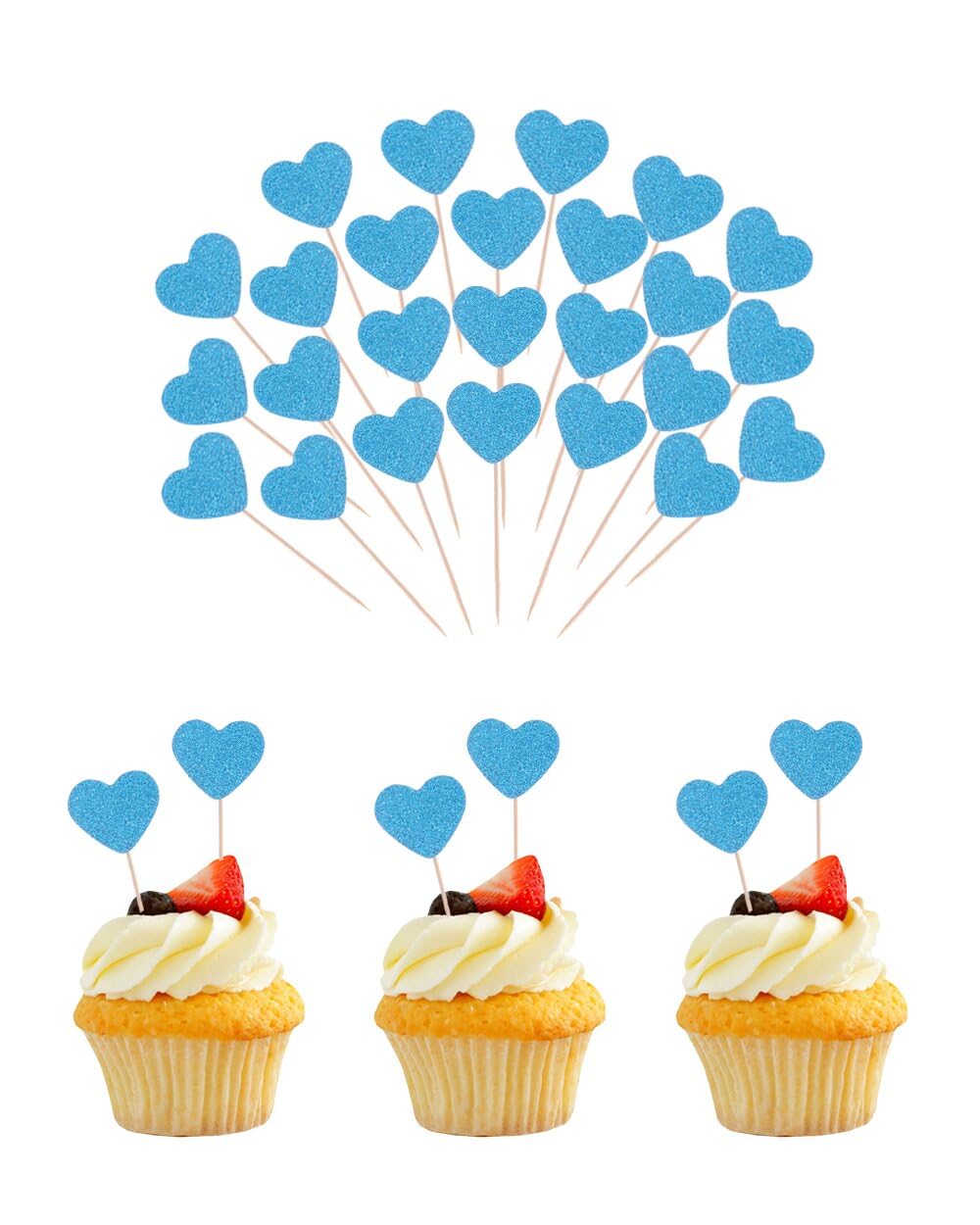 Wolpark 60pcs Glitter Cupcake Toppers Cupcake Picks Decorative Accessories for Baby Shower Wedding Engagement Birthday Party Cake Decorations Supplies (Heart, Glitter Blue)