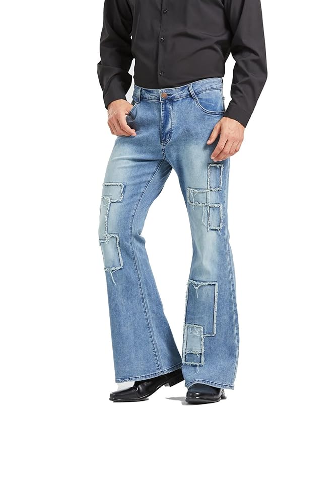Men's Vintage Flared Leg Denim Jeans Classic Patchwork Bell