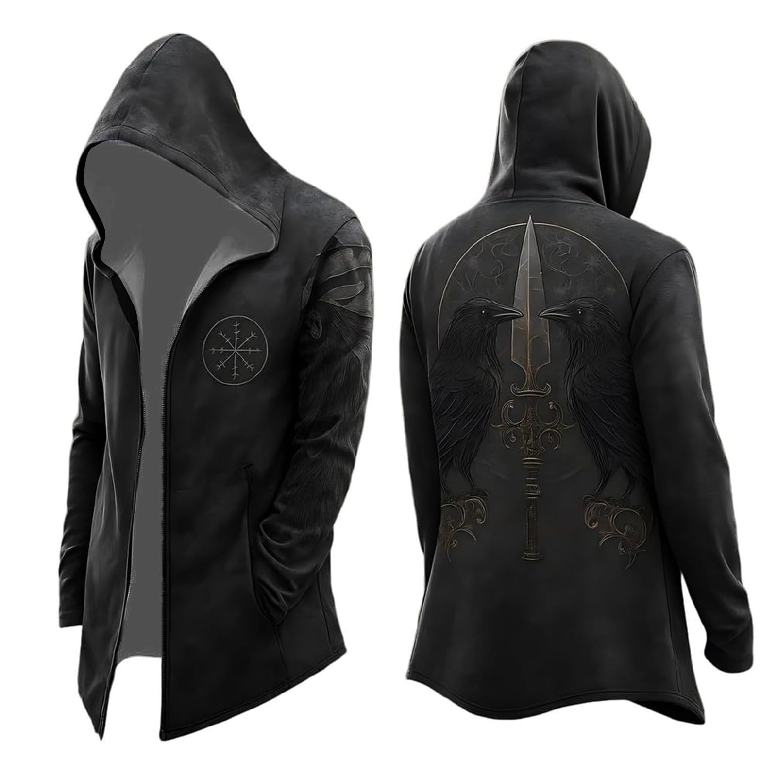 Men's Halloween Hoodie Medieval Norse Mythology Hooded Cardigan Motorcycle Jacket Long Sleeve Casual Loose Fit Streetwear Coat for Daily Wear Spring Autumn Winter (A14-Black, XL)