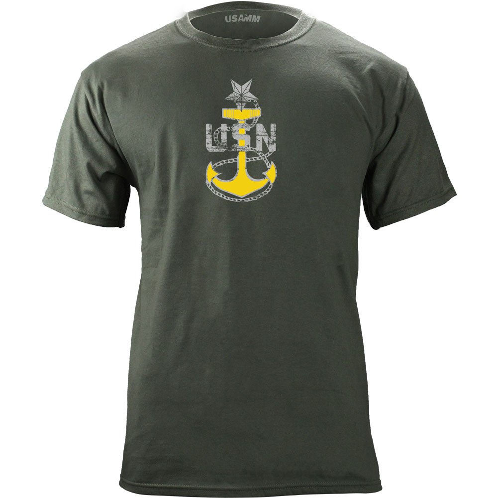 USAMM Officially Licensed Vintage Navy E8 Senior Chief Petty Officer Rank Full Color Gold Veteran T-Shirt