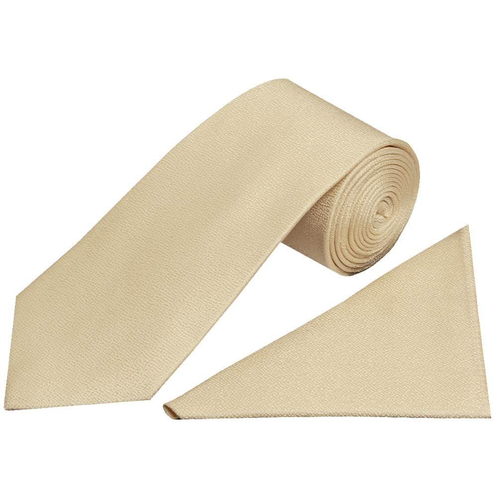 TIES R US Plain Champagne Textured Silk Classic Men's Tie and Pocket Square Set