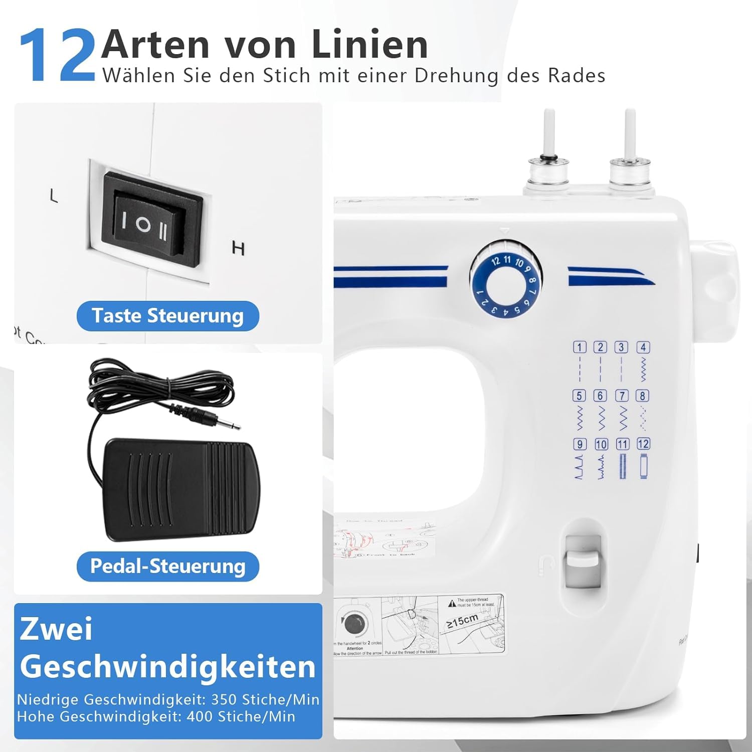 Nähmaschine, 608A elektrische 12-Stich-Nähmaschine, Haushalts-elektrische Mini-Nähmaschine, geeignet für Anfänger (Näh und Garnkombinationsset)