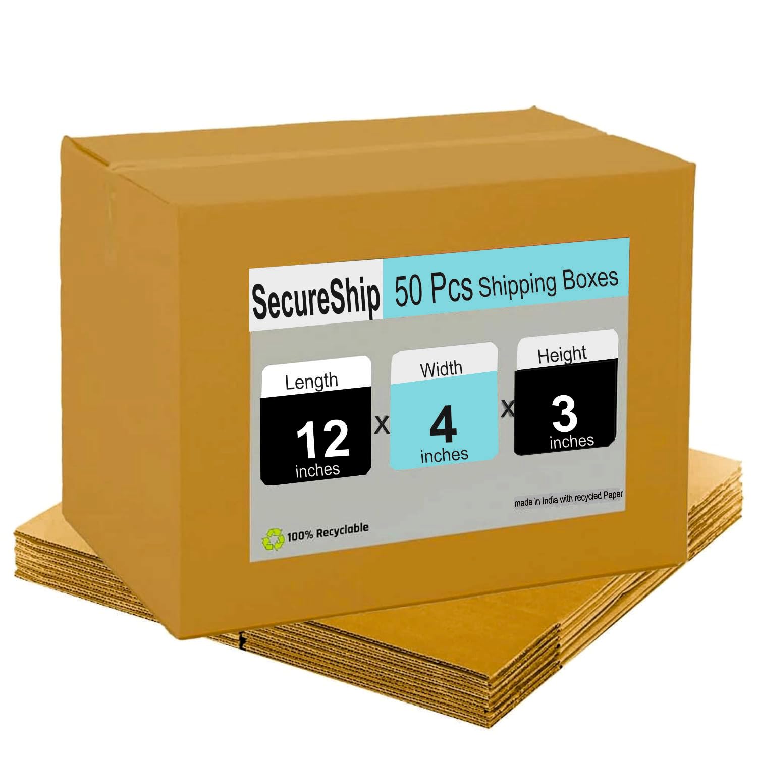 SecureShip 12 x 4 x 3 Corrugated Cardboard 3 Ply Box For Packing, Moving, Shipping, Gifting, Multi Propose Use (Pack of 50)