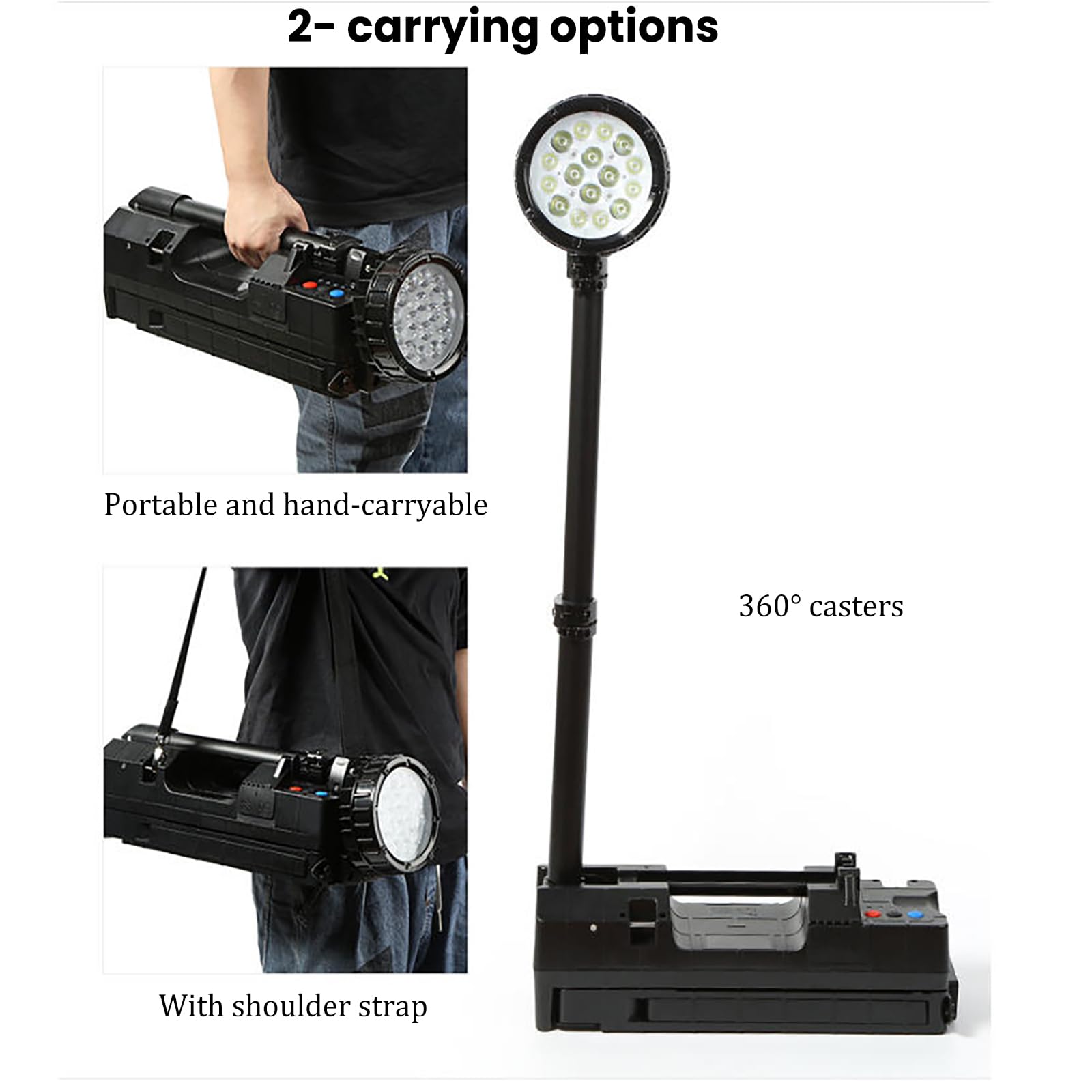 Faro da Lavoro Senza Fili con Sollevamento, Faro da Lavoro Ricaricabile da 4500 Lumen, Integrazione Faretto E Luce Diffusa, Altezza Illuminazione Regolabile da 70 A 280 Cm, 2 modalità Trasporto