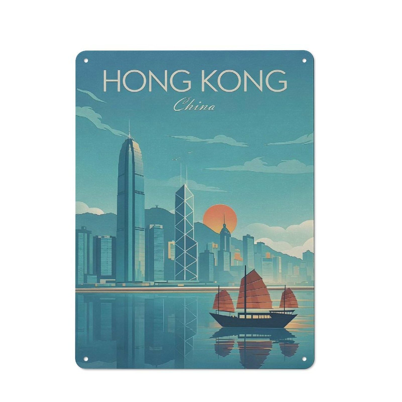 Junmoney Style-15 Smart Tin Sign 40X30cm Featuring Hong Kong Skyline With Junk Boat, Office Wall Decor For Workspace, Cafe, Shop Or Desk Area