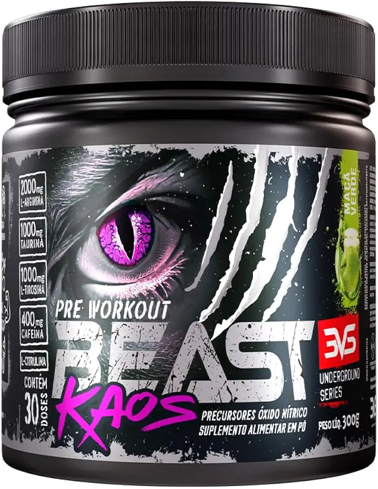 3VS Nutrition Pré-Treino Beast Kaos –Com Citrulina, Beta Alanina, Cafeína, Arginina, Taurina e Tirosina 300gr Sabor Maçã verde