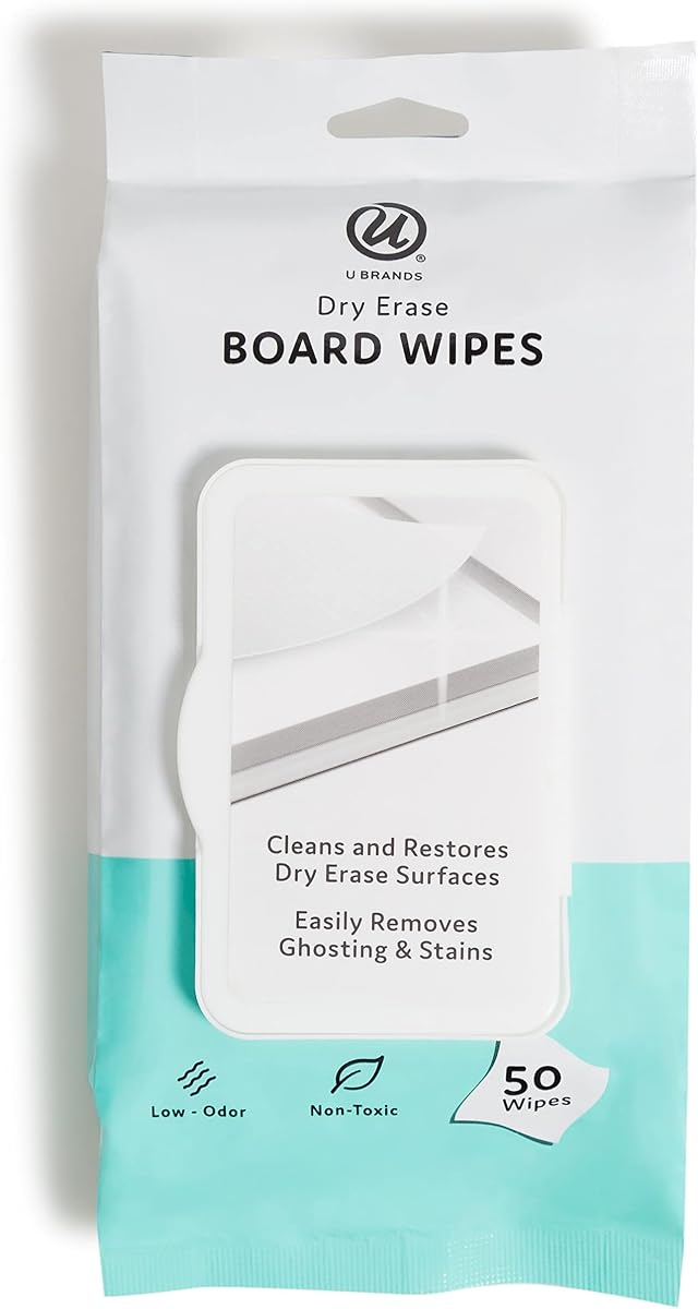 U Brands Toallitas limpiadoras de pizarra blanca de borrado en seco, 50 unidades, toallitas limpiadoras de pizarra blanca no tóxicas, toallitas borradoras de pizarra blanca sin rayas, elimina residuos de marcadores, uso en el aula, la oficina y el hogar