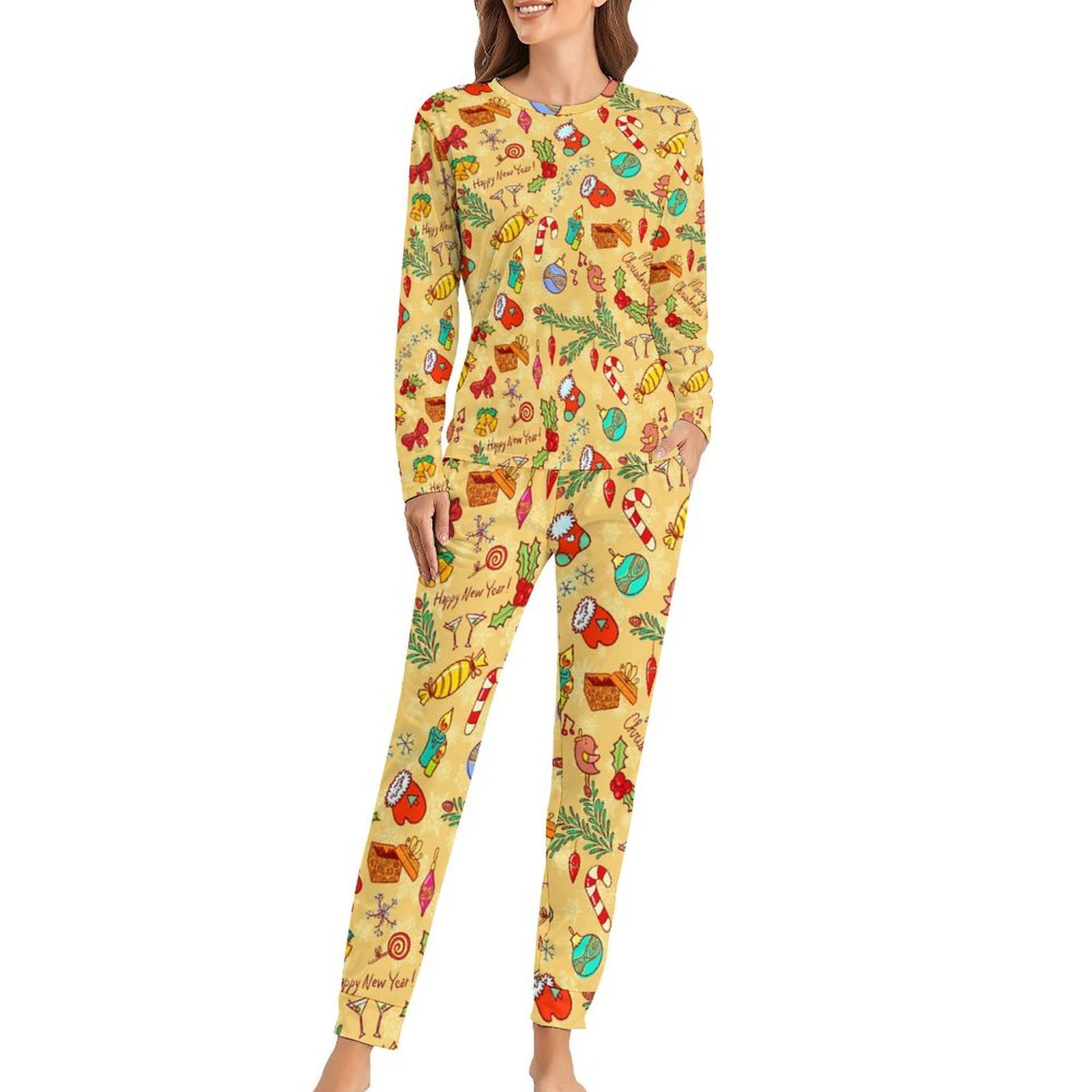 Pyjama jaune de Noël femme ensemble deux pièces fluide en maille douce - 8