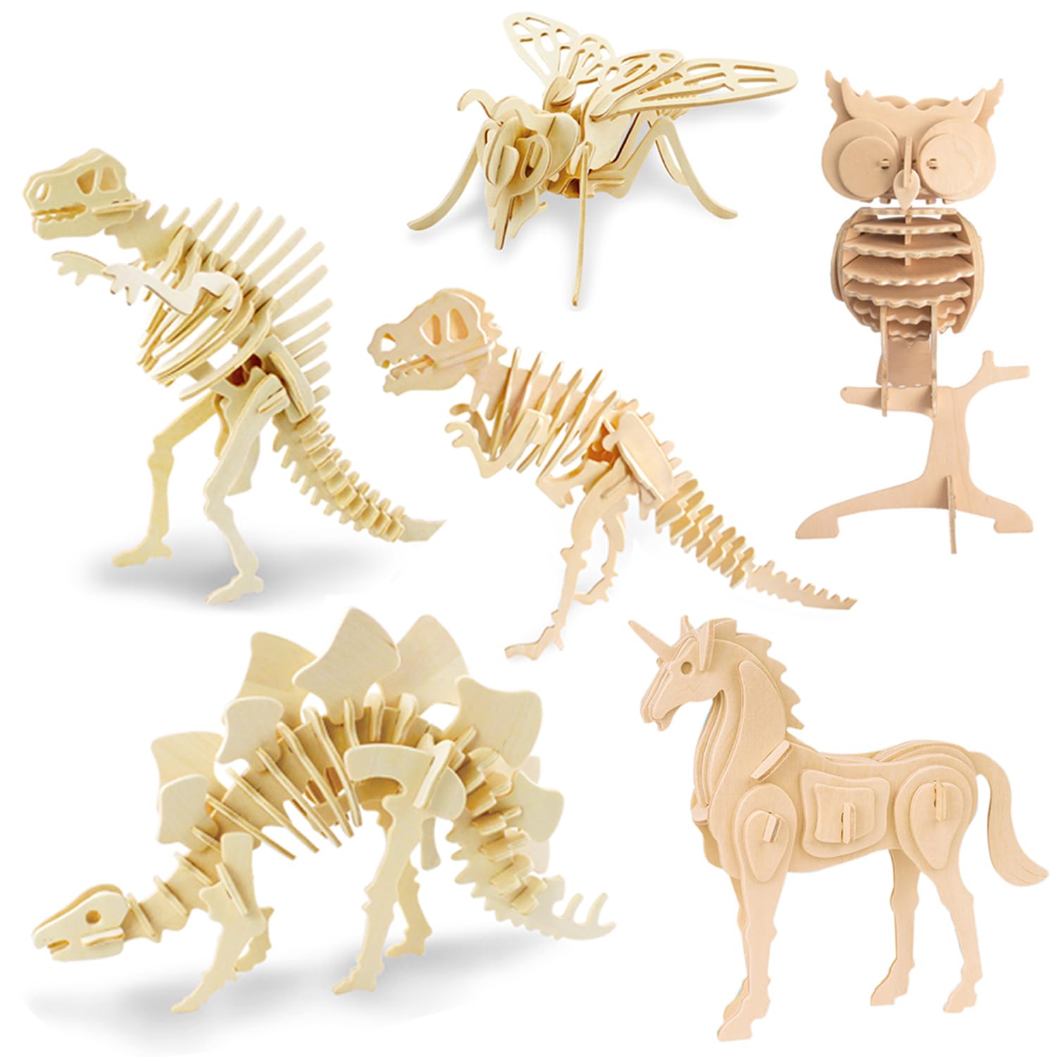 Georgie Porgy 3D Wooden Puzzles for Kids Toys Construction Woodcraft Kits DIY Model Puzzle Kits Birthday Gifts Pack of 6 (Bee Unicorn Owl T-Rex Spinosaurus Stegosaurus)
