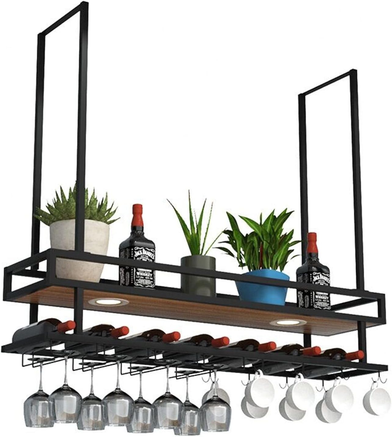 Decorative Ceiling Wine Rack Shelf - Solid Iron Wood Hanging Shelves Holder, Ceiling Mounted Storage, Plant Stand with Guardrail, for Bar/Restaurant/Kitchen