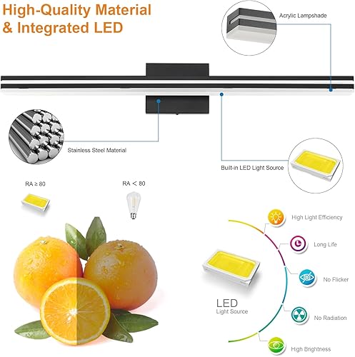 Miniatura 4 de SineRise Barra de luz LED moderna para tocador de baño (32 pulgadas, 3000 K4000 K6000 K), negro mate, regulable, moderno, acrílico, accesorios de