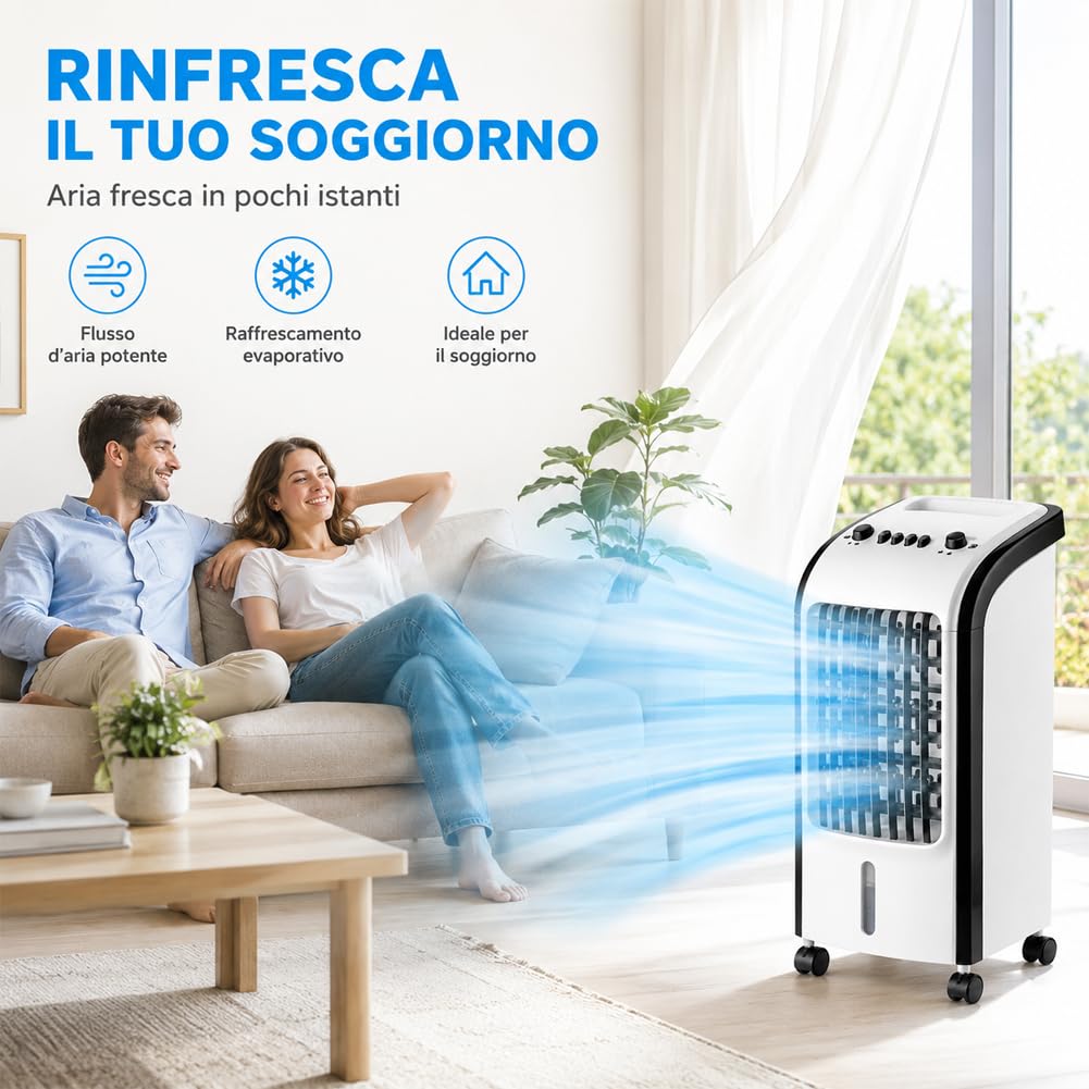 BAKAJI Raffrescatore d'Aria Portatile 3 in 1 con 2 Ghiaccioli, Nebulizzatore Ventilatore con Serbatoio d'Acqua 4 Litri, Aria Air Cooler con Ghiaccio Potenza 65 W, 28 x 28 x 58 cm