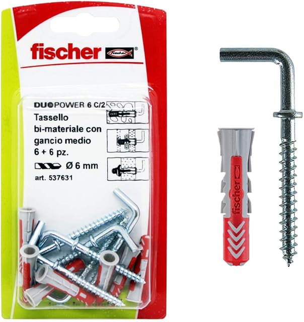 Fischer 537631 kołki z haczykiem Medium Duopower, szare/czerwone, 6 x 30 mm, 6 sztuk