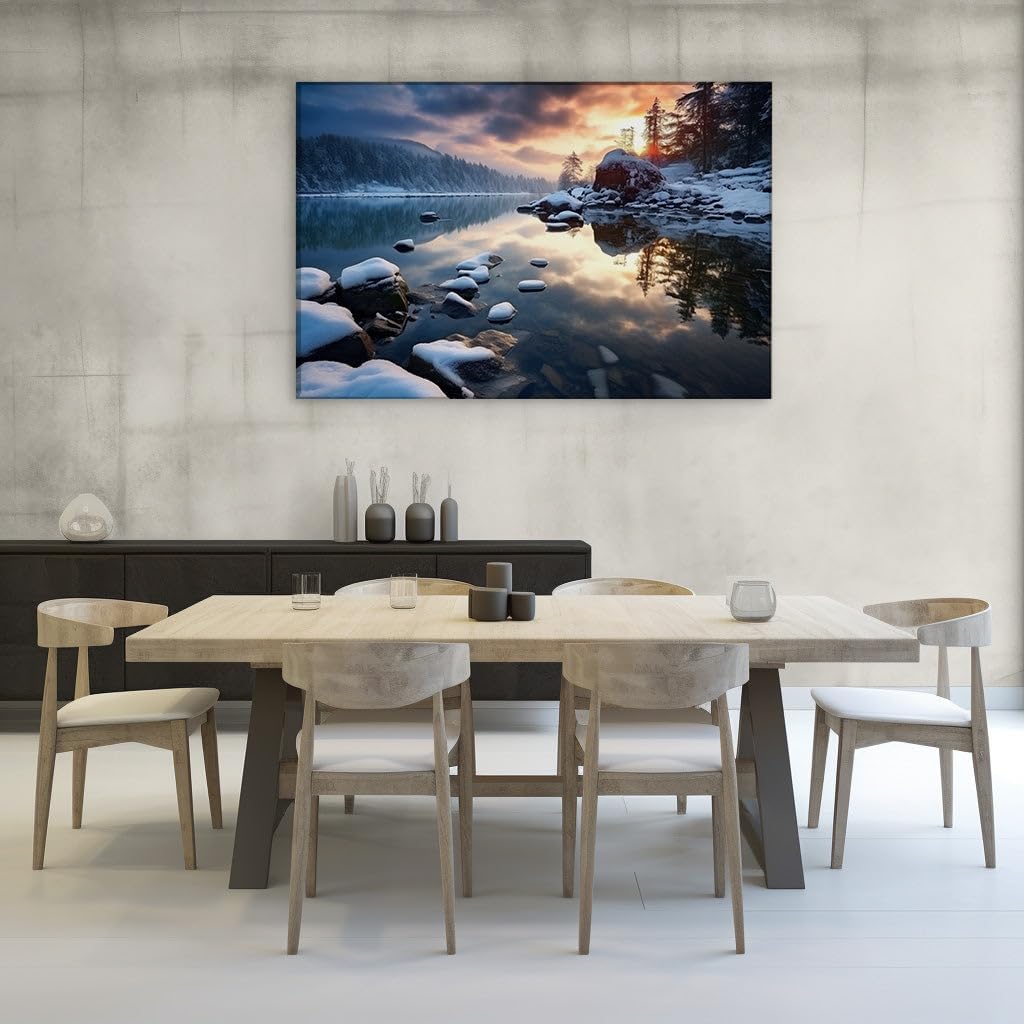 Canvas for Living Room. Winter Serenity in a Snapshot � A Cozy Lakeside Retreat Amidst Snowy Whispers, 27 x 18 inch Canvas Wall Art - Contemporary Masterpieces - Modern Home Decor