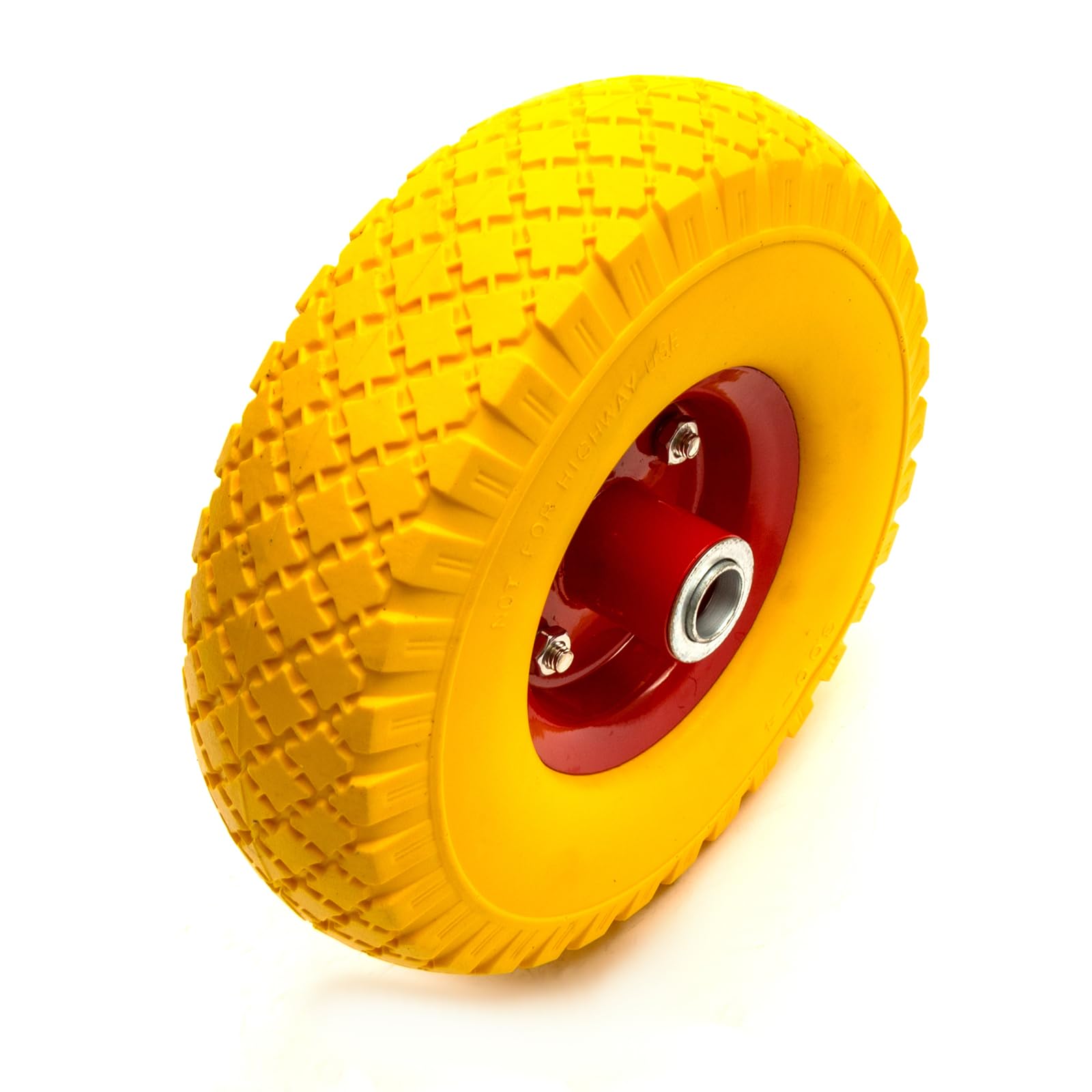 10 Inch 3.00-4 Red Complete Wheel & Solid PU Tyre Yellow Puncture Proof Flat Free Offset 50mm Hub 20mm Bore Bearings Sack Truck Hand Cart Trolley