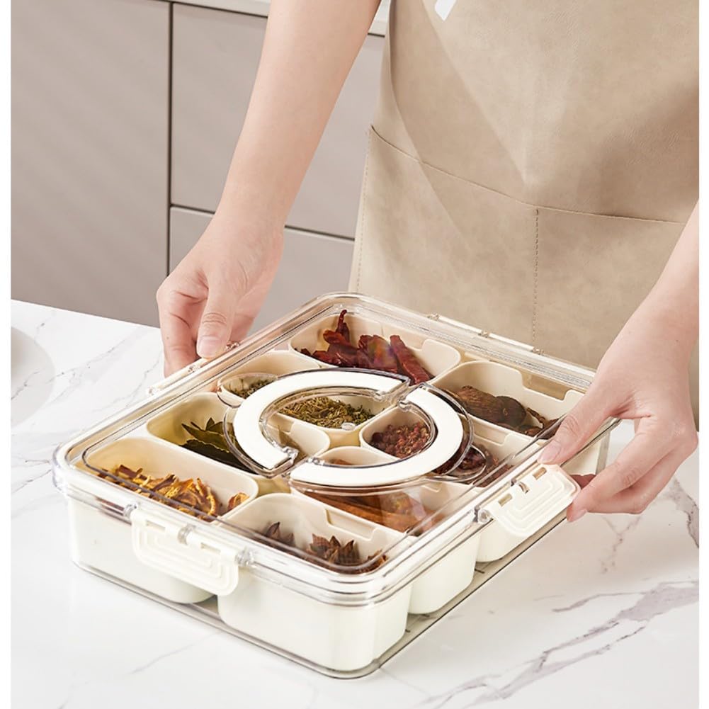 Divided Serving Tray with Lid,Handle, Removable Spice Container with 8 Compartment for Christmas Party, Veggies, Snack, Fruit, Nuts, Candy, Cracker,Onion, Ginger, Garlic, Cherry (8 Compartment)