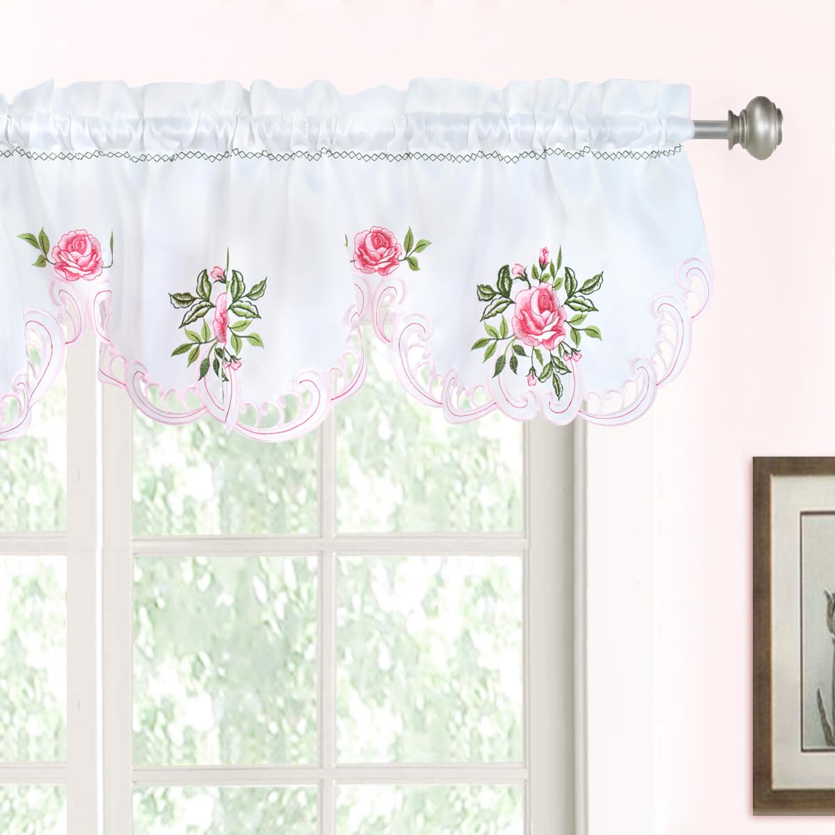 Molaxhome Beautiful Dazzling Embroidered Window Valance,Rod Pocket Valance and Tiers for Home Decor (Pink, W58x14L) - Image 2