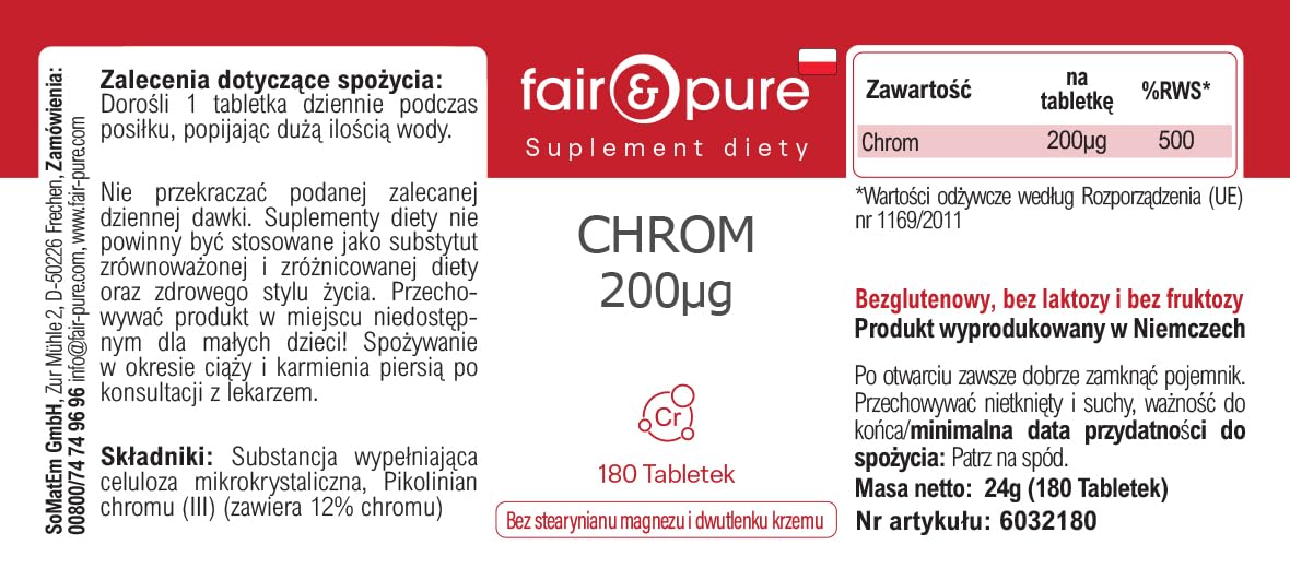 Tabletki chromu Fair & Pure 200 μg, 180 tabletek, wegański suplement diety bez dodatków, wyprodukowano w Niemczech