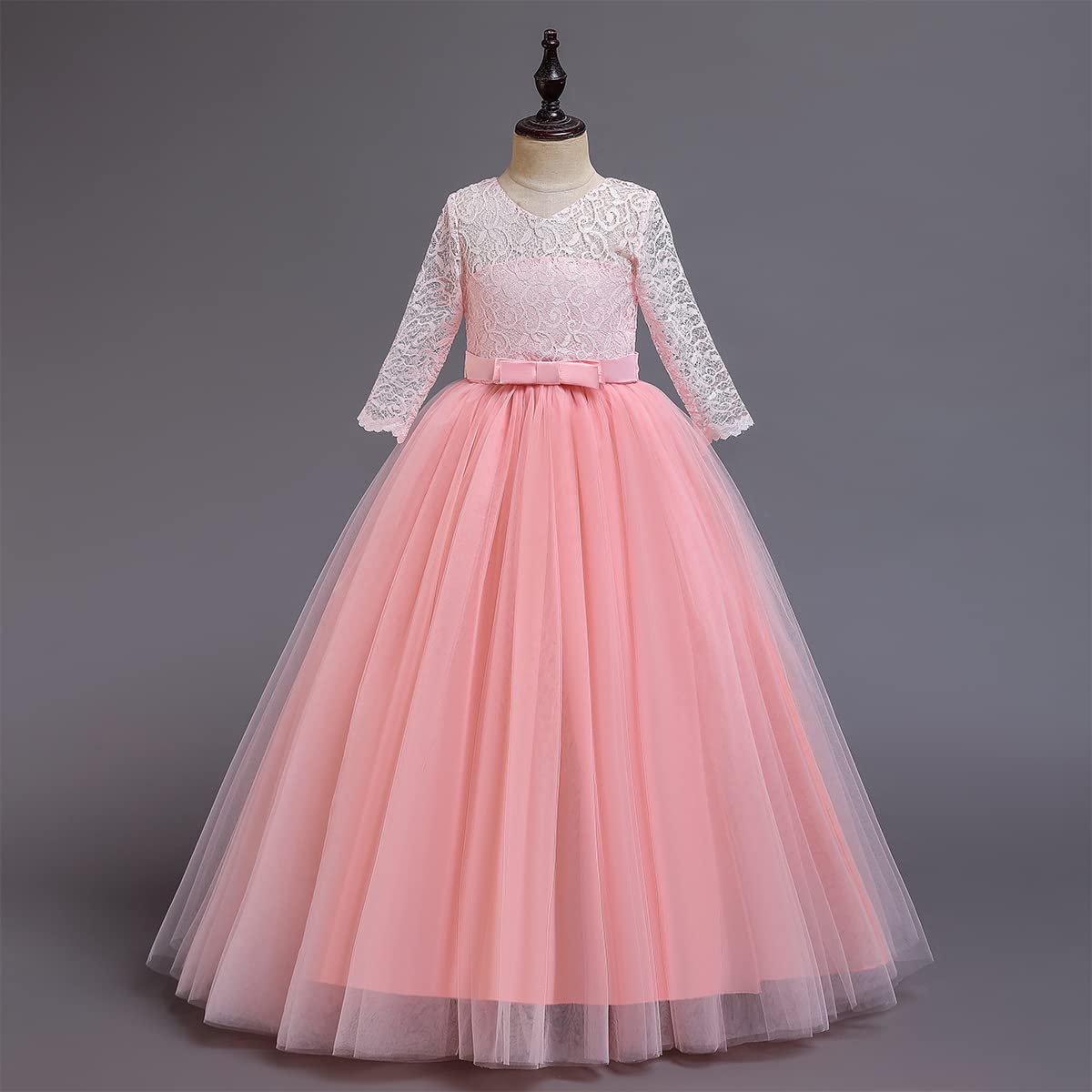 Odizli Robe de demoiselle d'honneur à manches 3/4 en dentelle pour fille - Robe de princesse - Robe de princesse - Robe de demoiselle d'honneur, première communion, anniversaire, fête, soirée, Rose